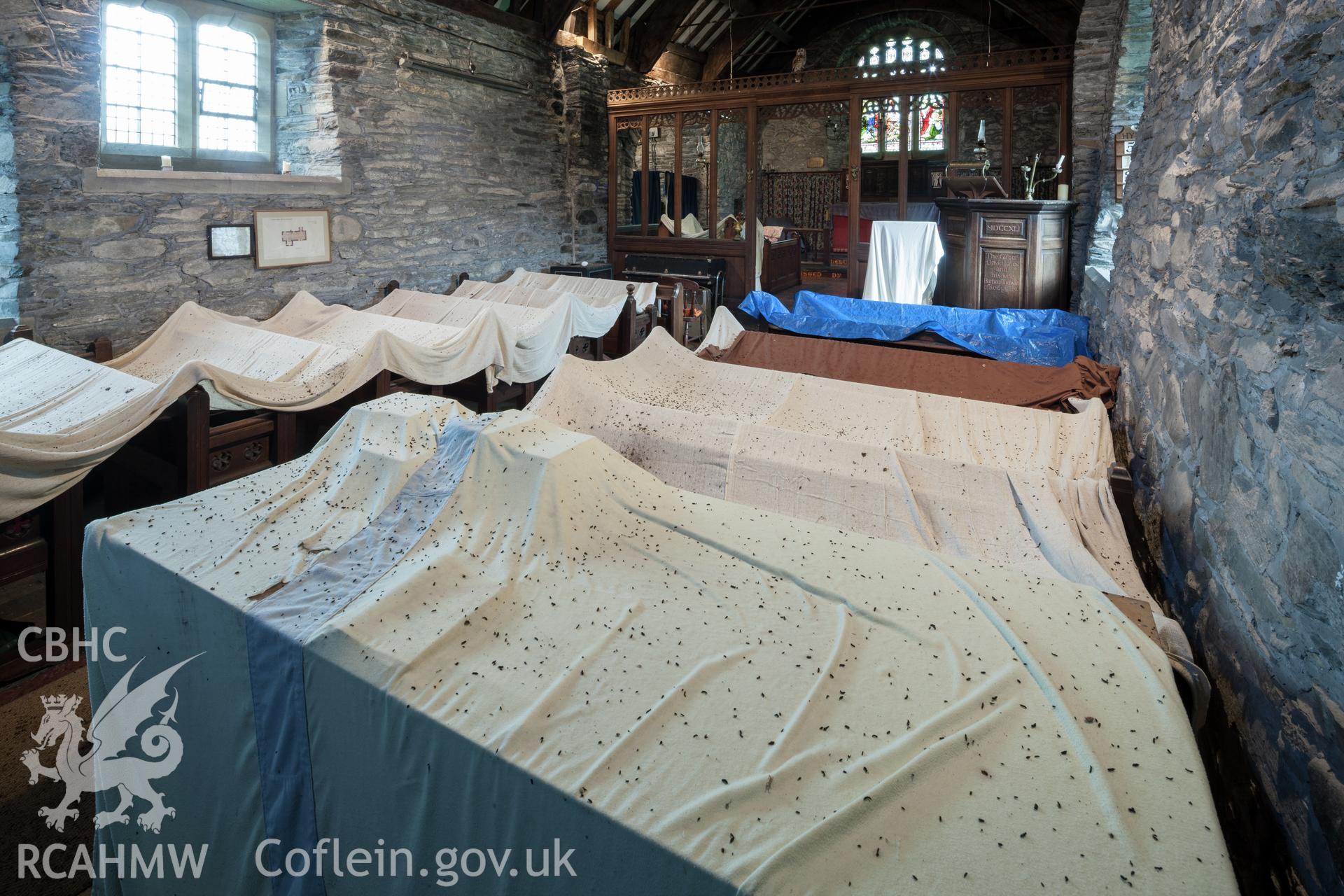 Pews with protective sheets, covered in bat droppings