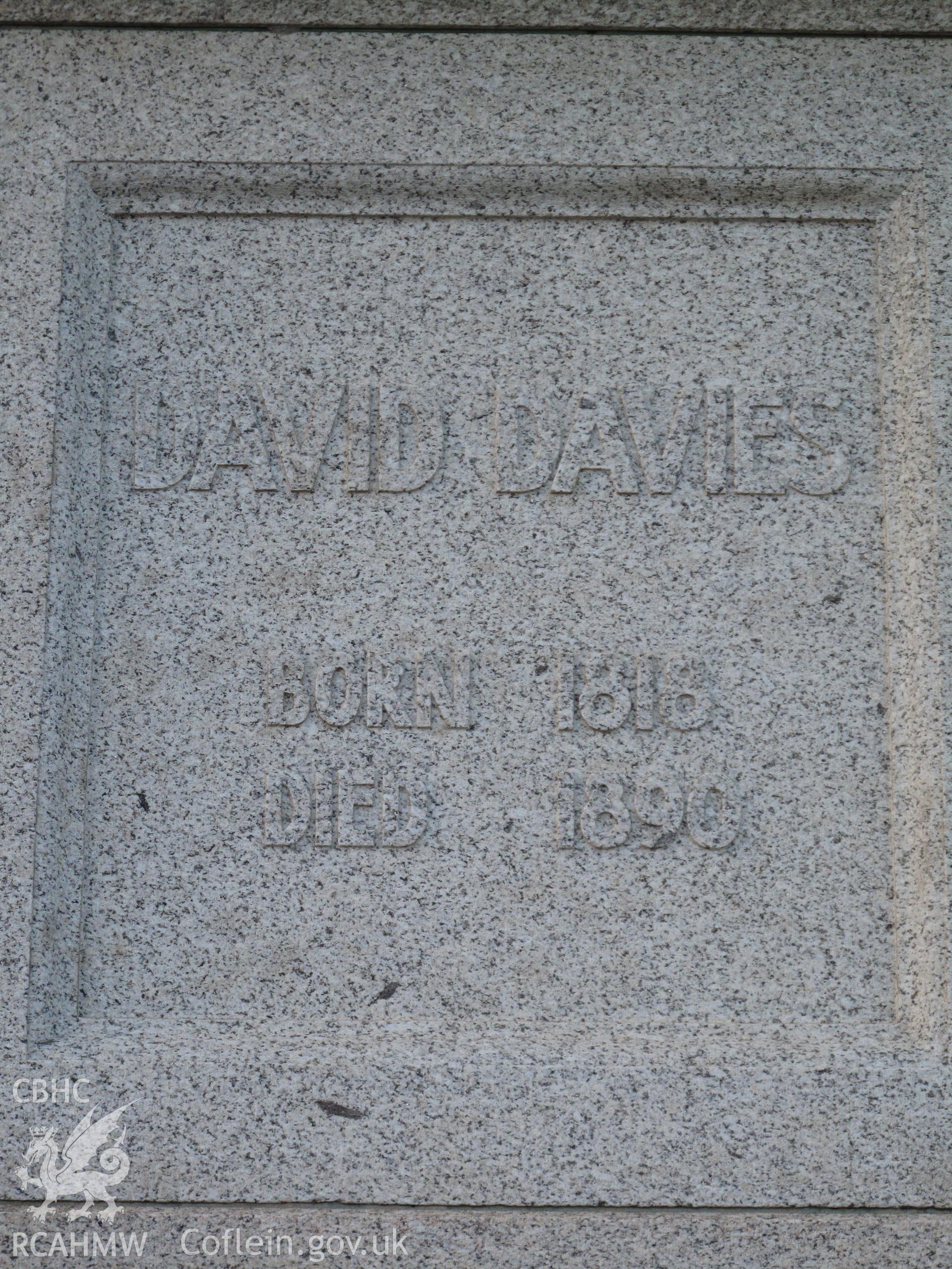 South face of plinth, David Davies Statue at Barry Docks Office, taken by Brian Malaws on 20 October 2010.