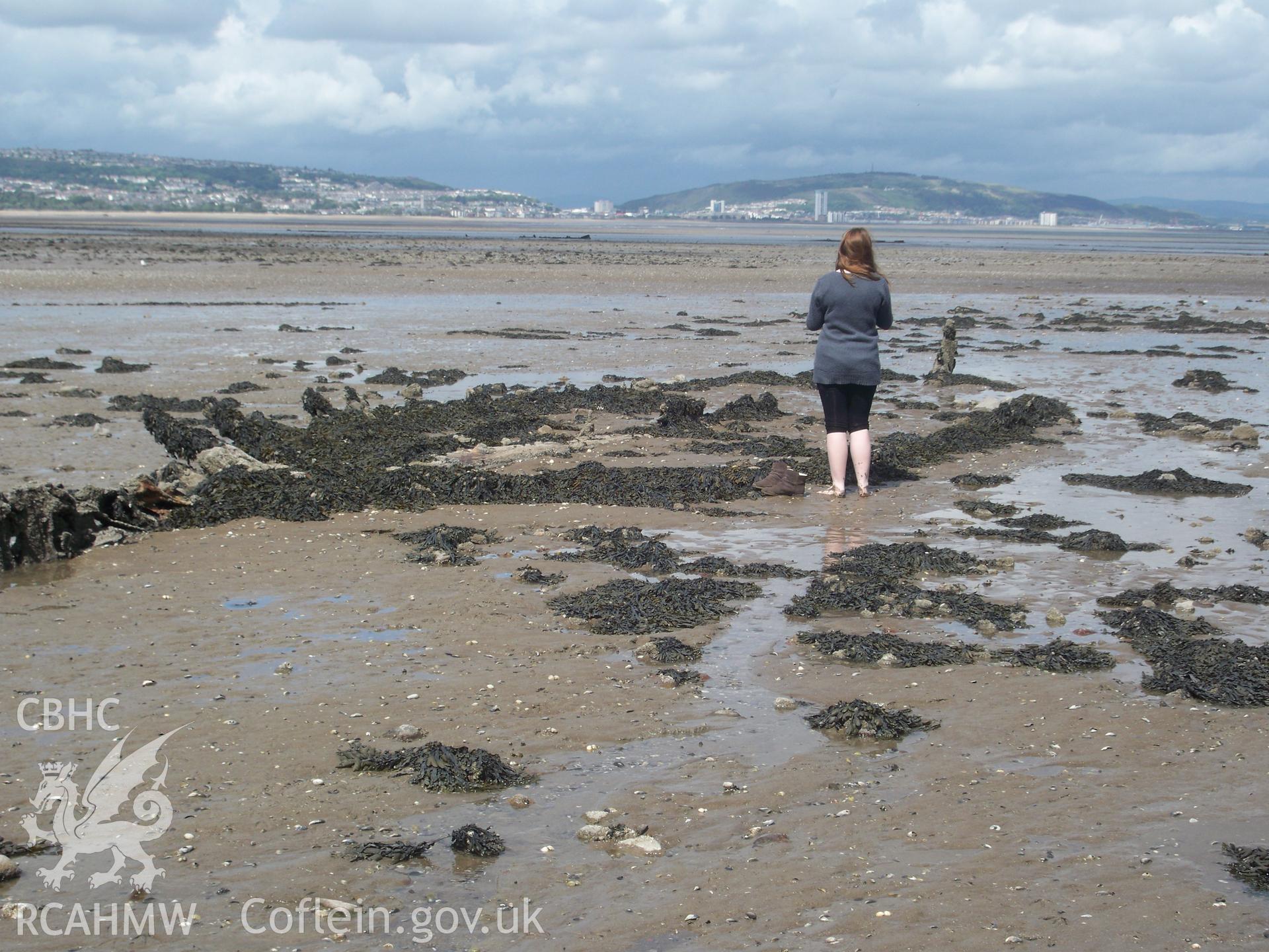 Wreck, looking east from port quarter-fore, bow towards stern with Amy Reynolds, University of Aberystwyth.