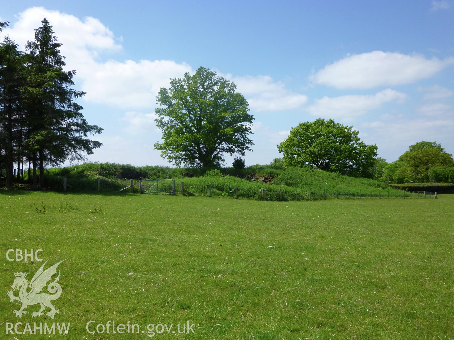 Penywrlod long cairn. View looking west, showing the damage caused through quarrying undertaken in 1972.