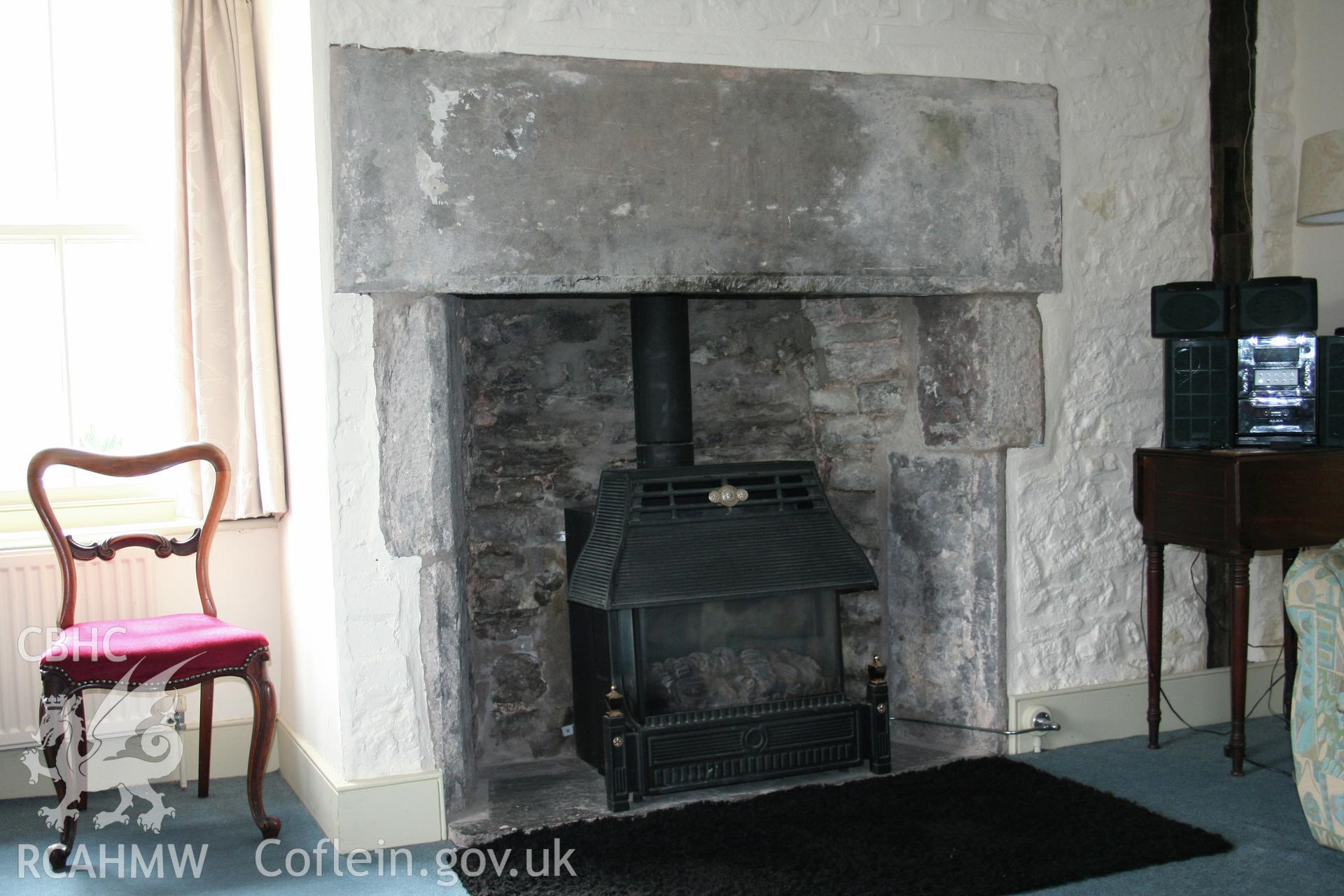 Stone fireplace to first floor chamber above chapter house