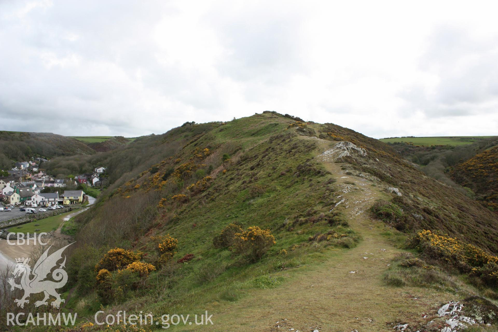 Looking north-east along the Gribin Ridge, to the terrace defining one side of the ridge fort.