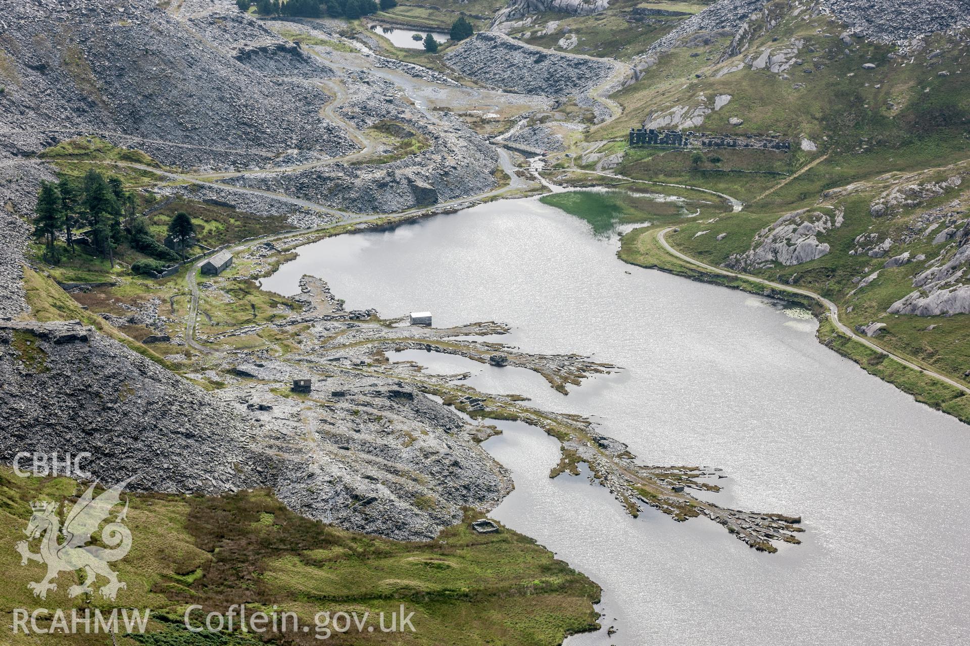 View of waste tips from Cwmorthin quarry in lake