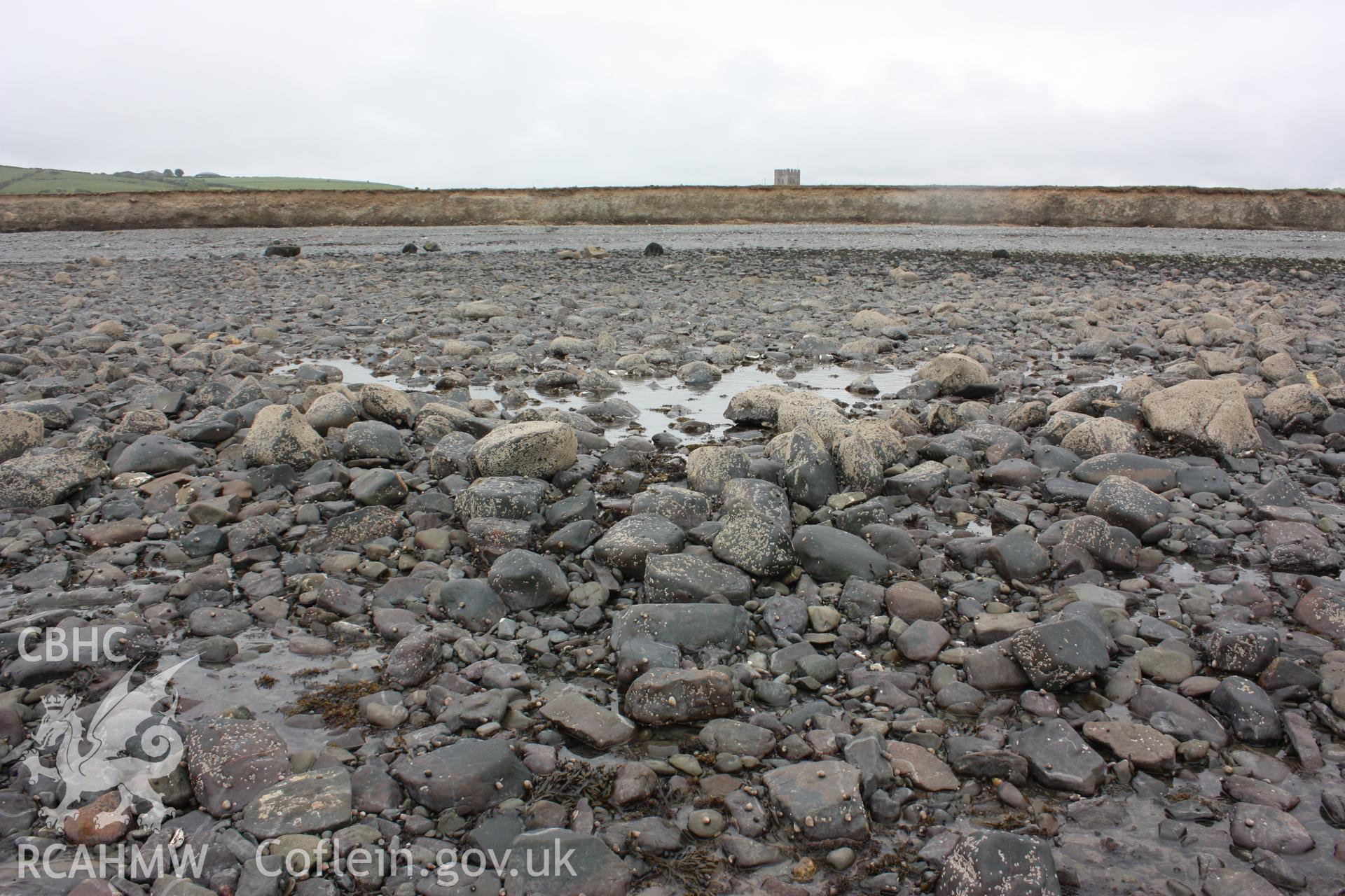 Centre of fish trap arm. Well preserved cod end or sluice (centre), looking east.Field sruvey to ground truth fish traps mapped from AP collections