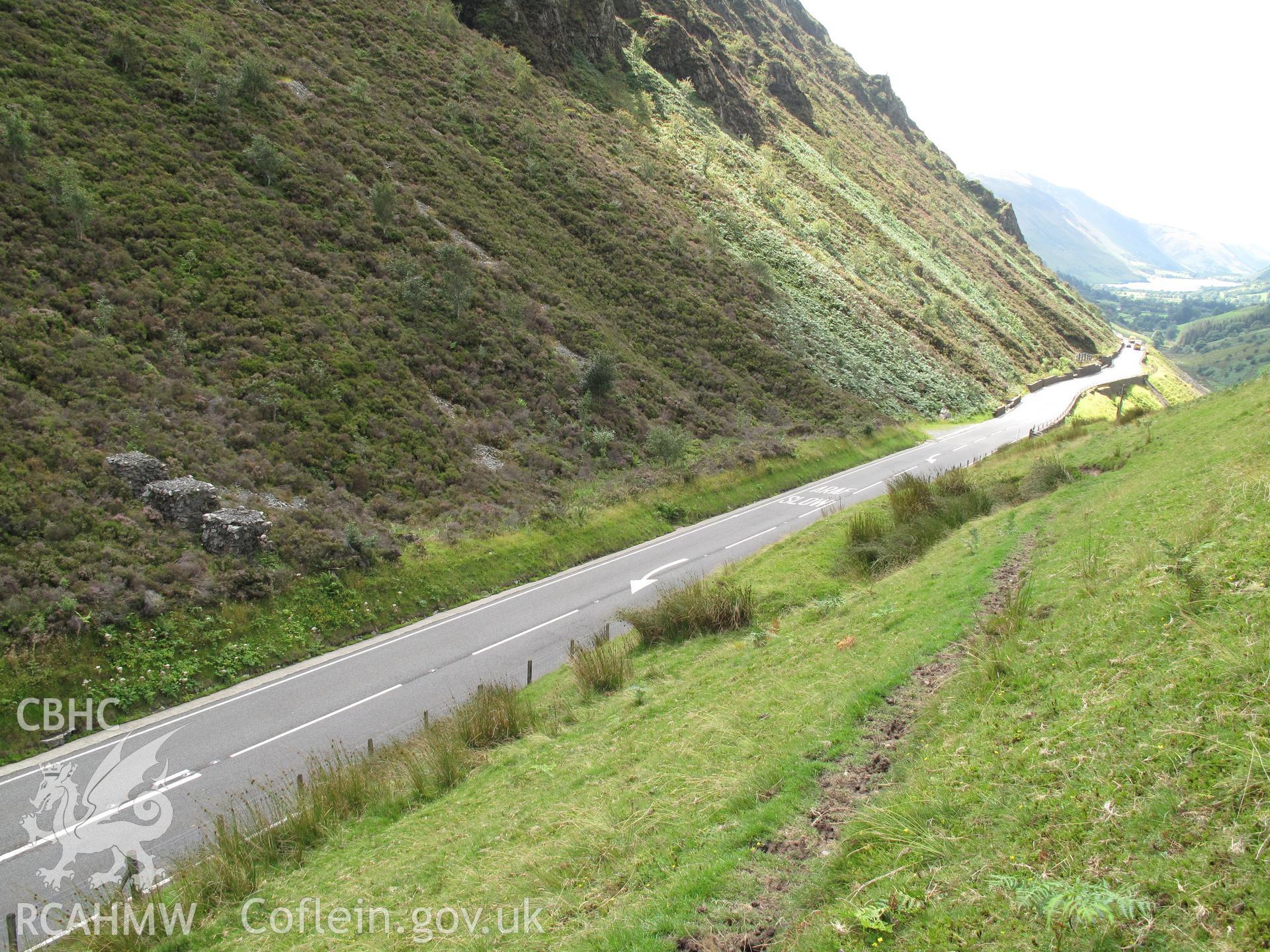 Anti-tank blocks and slit trench, Bwlch Llyn Bach, from the northeast, taken by Brian Malaws on 05 August 2009.