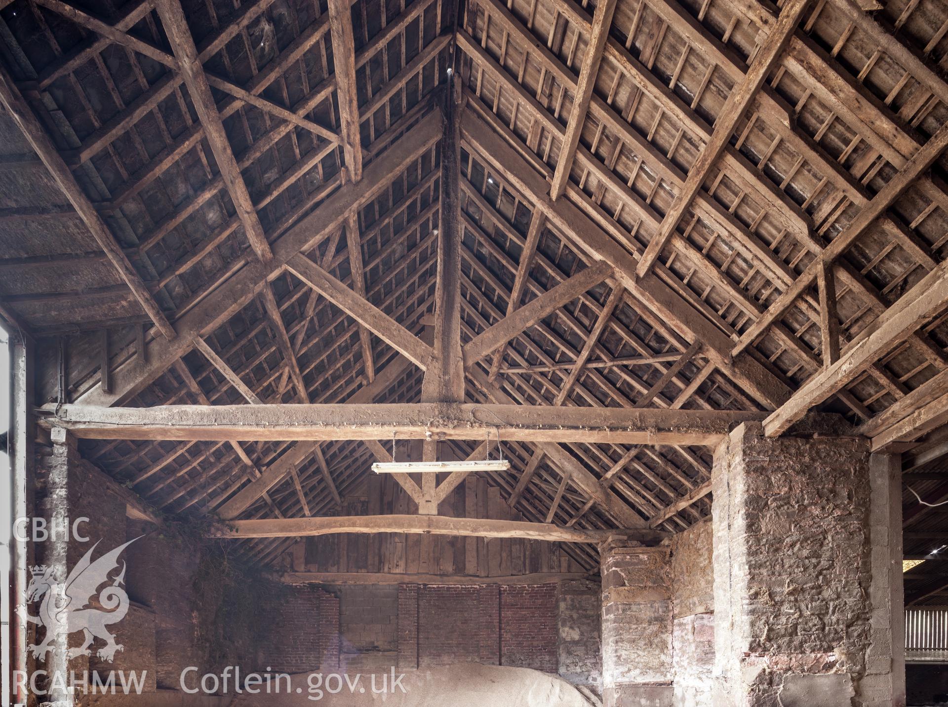 Interior of barn, roof framing