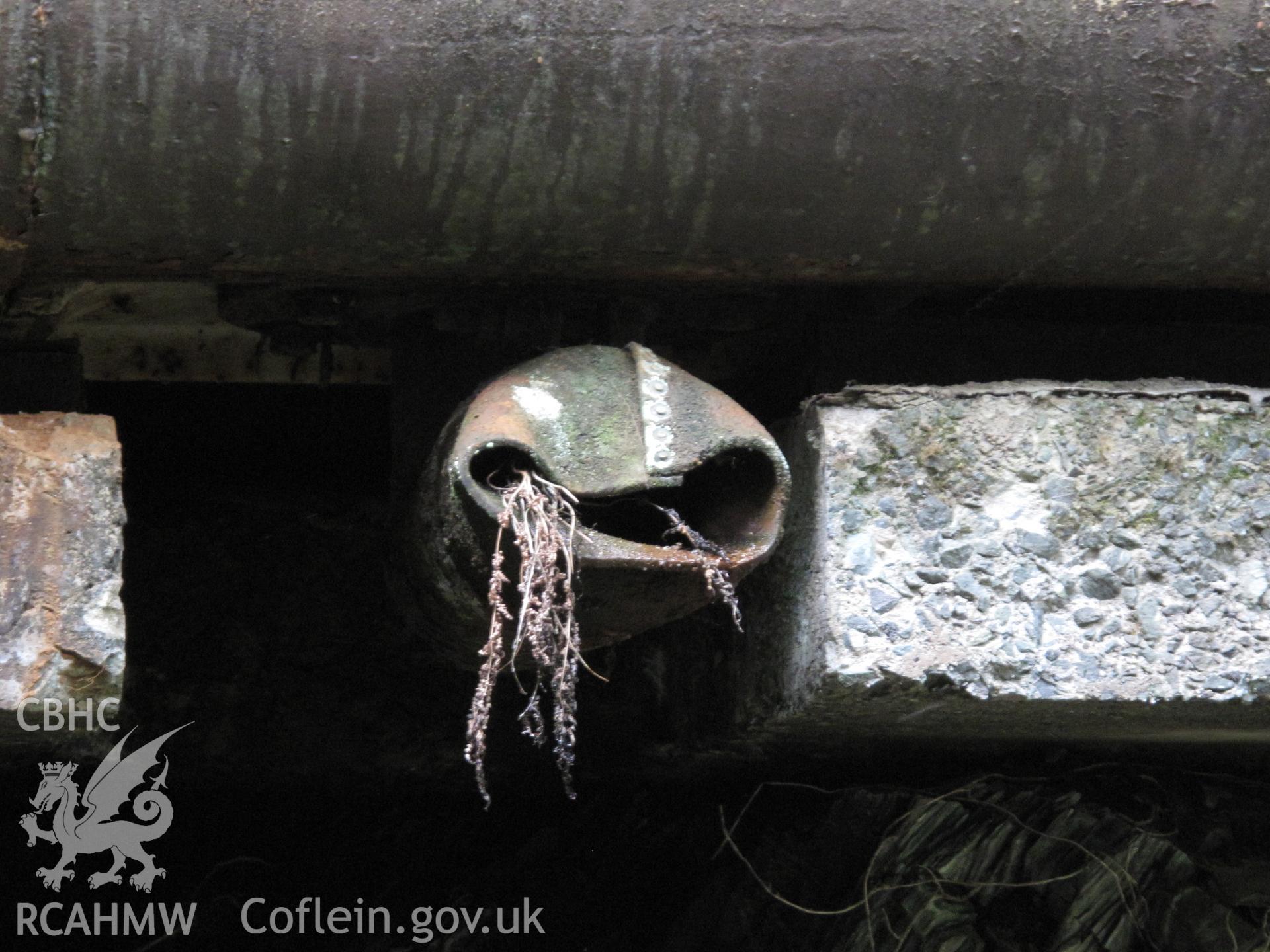 Detail of leather outlet hose, locomotive water tank at Pont Llanio Railway Station.