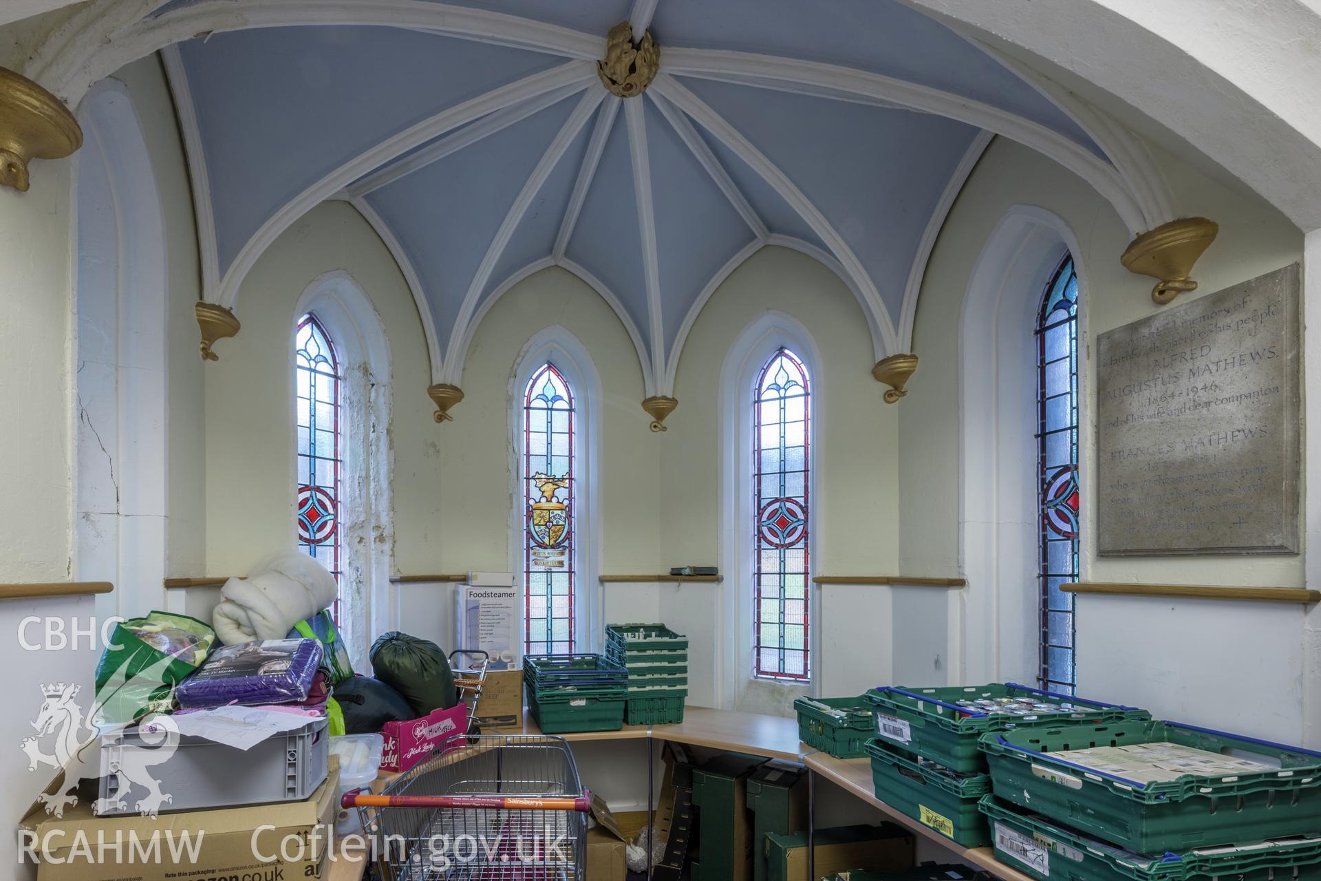 Stained glass in alcove, collecting area for food bank