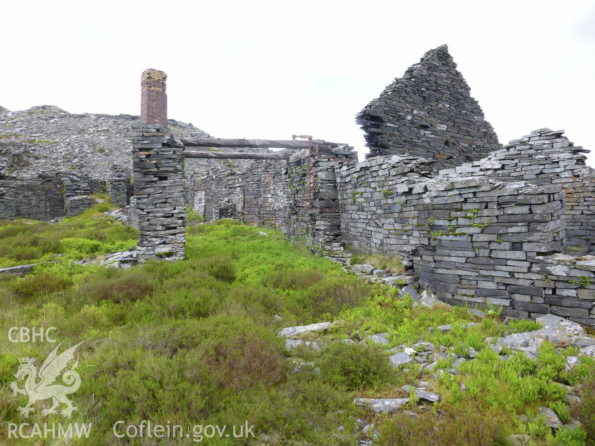 View looking west of the counter-balance incline drum house.  The smithy of the Floor 6 mill is attached to the right hand wall of the drum house.