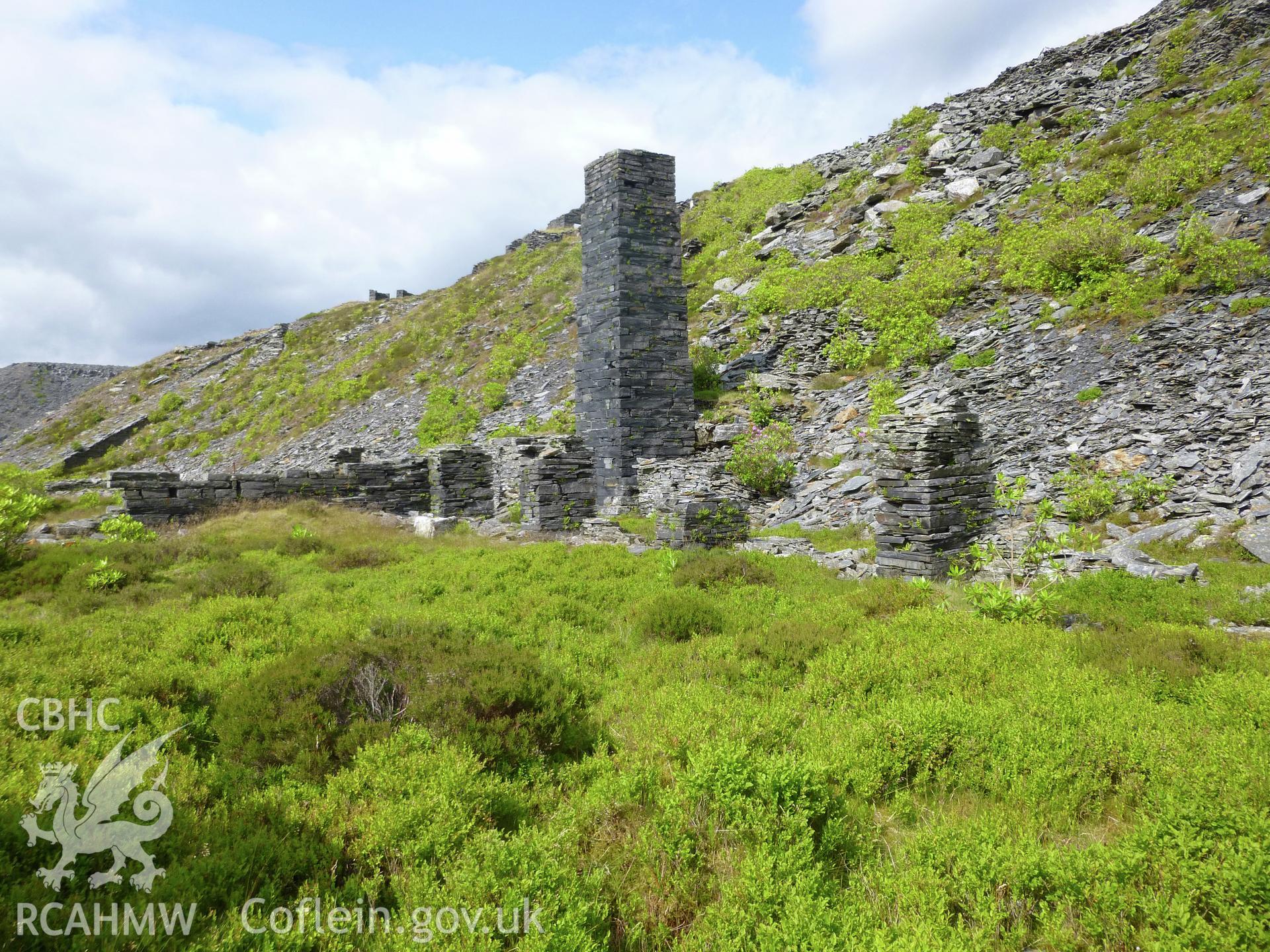 Alabama Slate Mill, Floor 2, Diffwys Quarry. Looking north-east across southern section of mill to the engine house and chimney.