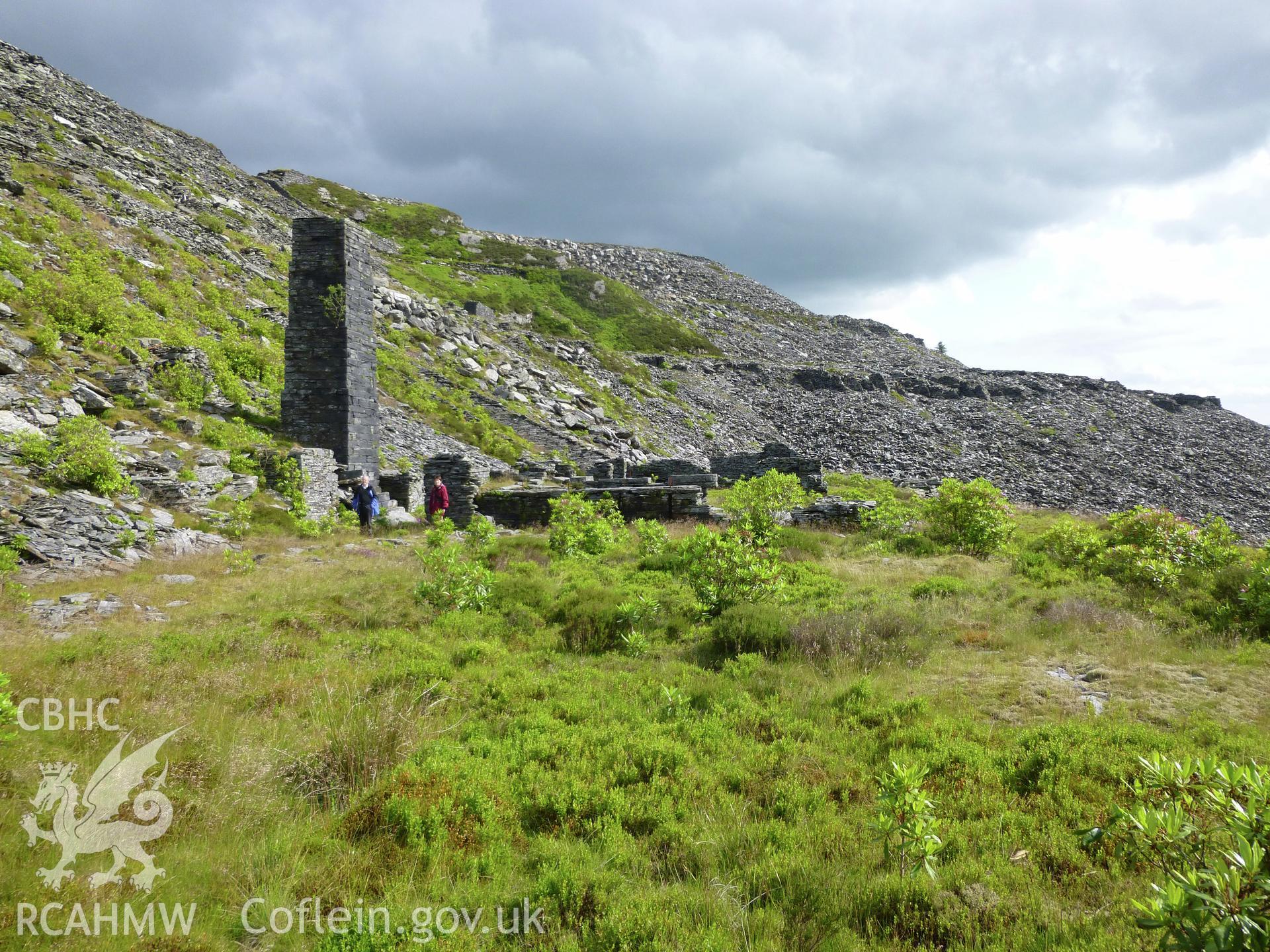 Alabama Slate Mill, Floor 2, Diffwys Quarry.  Looing south-east across the northern section of the mill to the engine house and chimney.