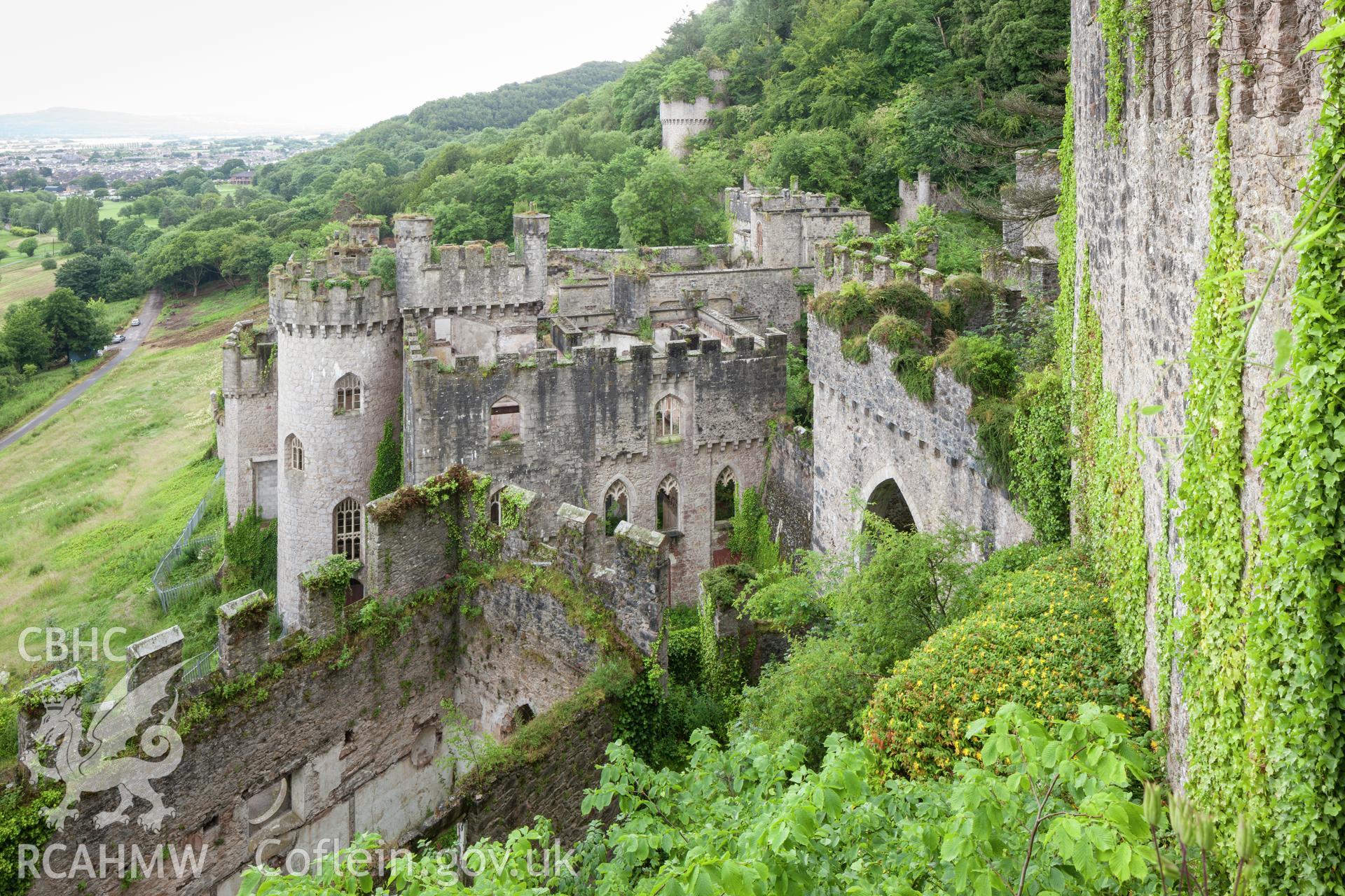 High view of castle body ruins from the northwest