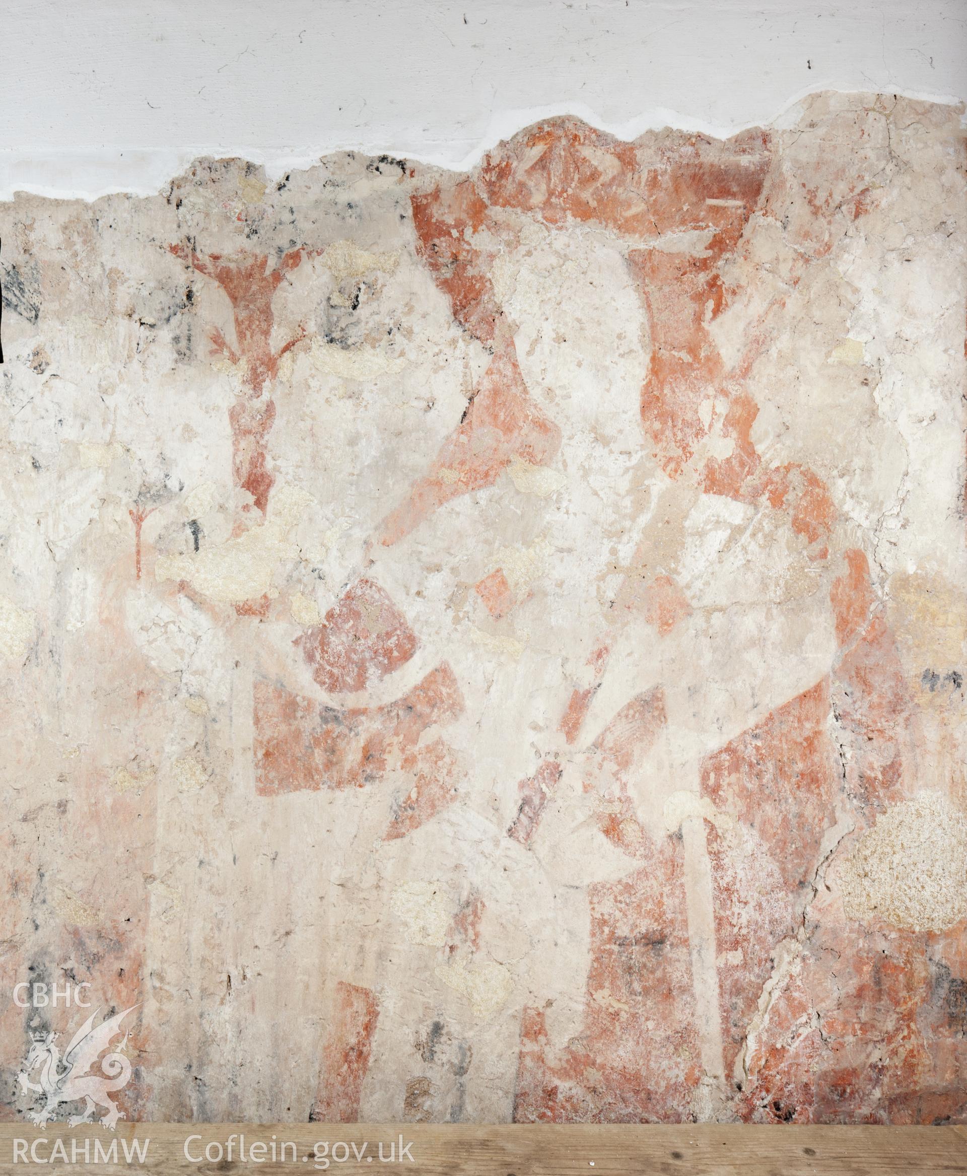 Wall painting detail on south wall of nave, during repair work, under scaffolding