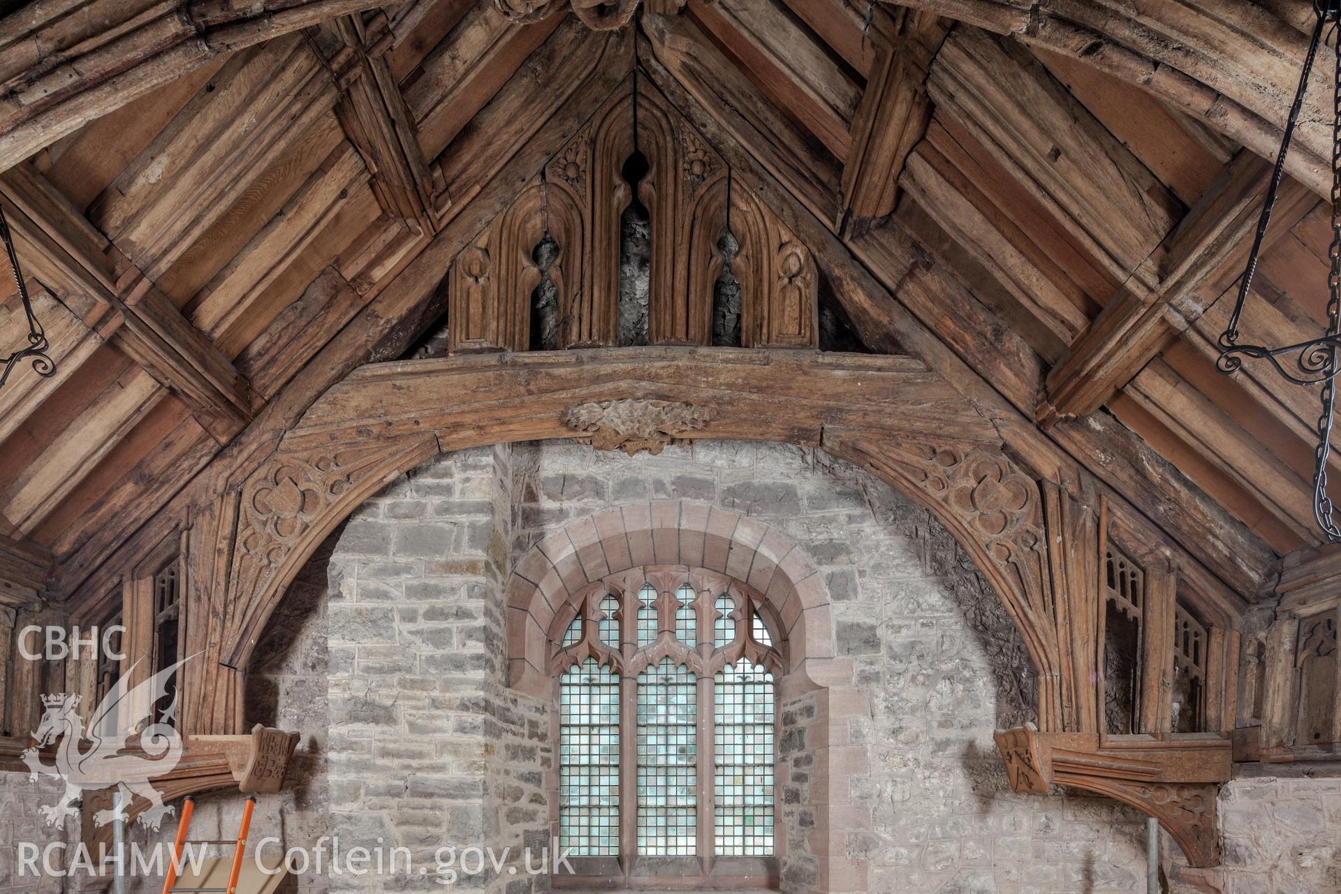 Interior, roof, west end showing complete hammer beam truss (no.5)