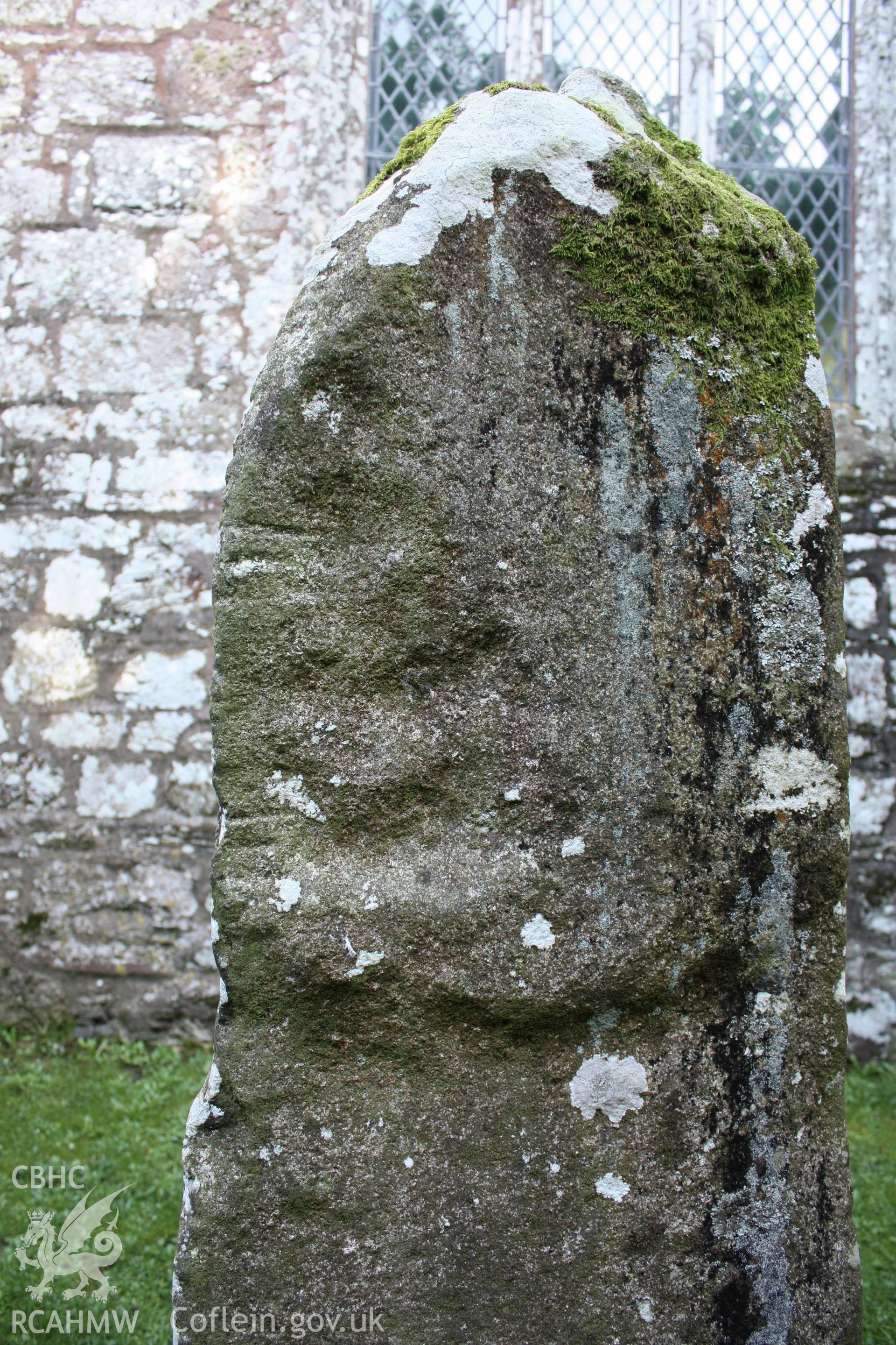 Vitaliani Stone, St Brynach's Churchyard, March 2007. Ogam detail on North face.