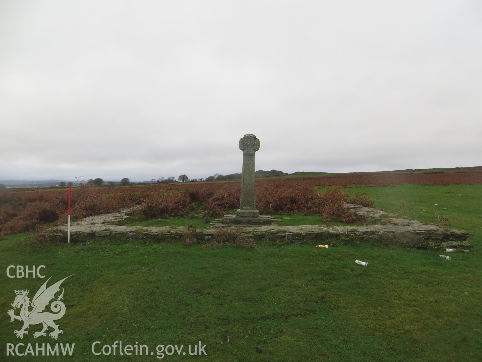 View of chapel foundations and replica inscribed stone from the east.