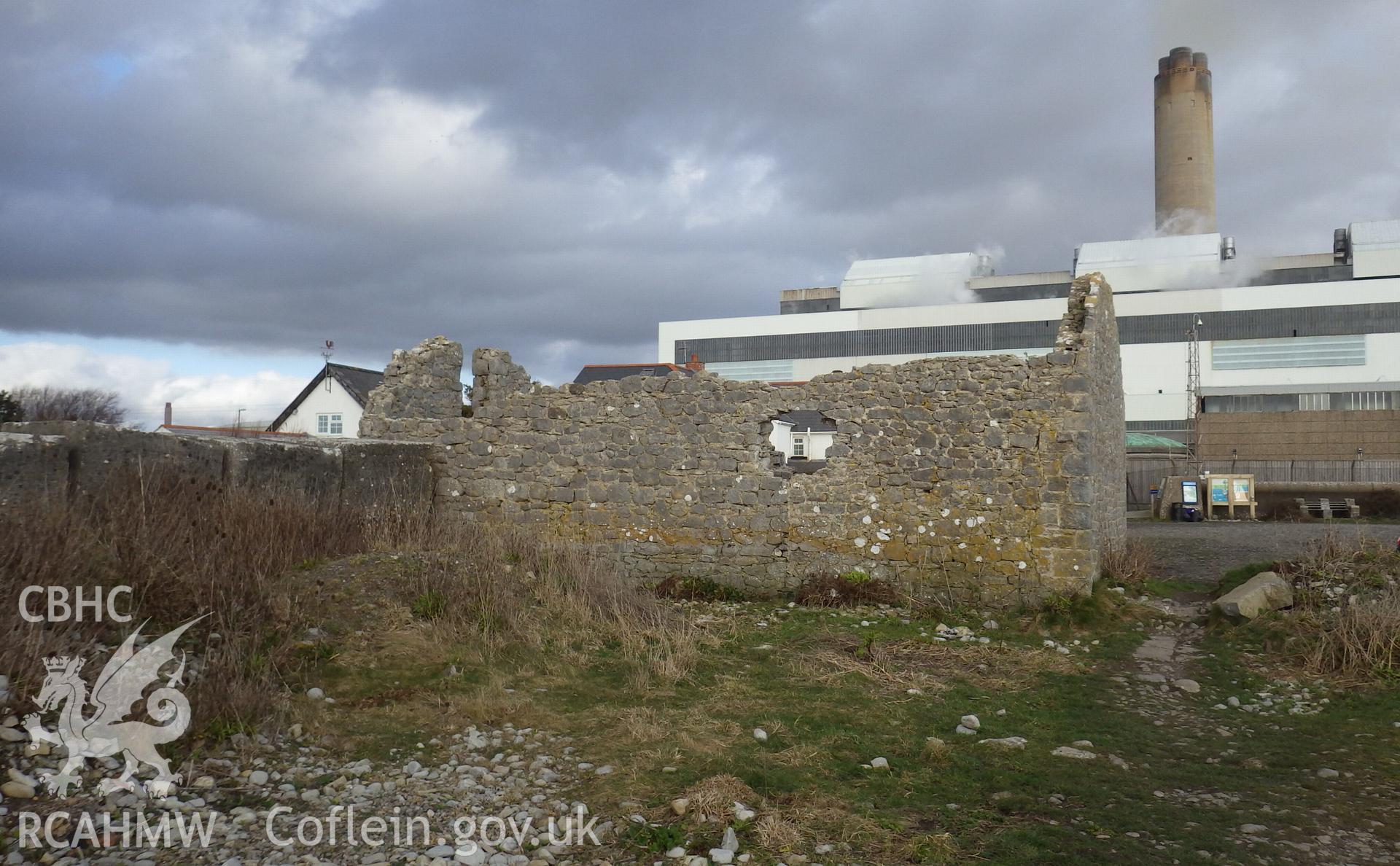 View of ruins from the west looking back towards Aberthaw power station (start of line of anti-tank defence blocks to left)