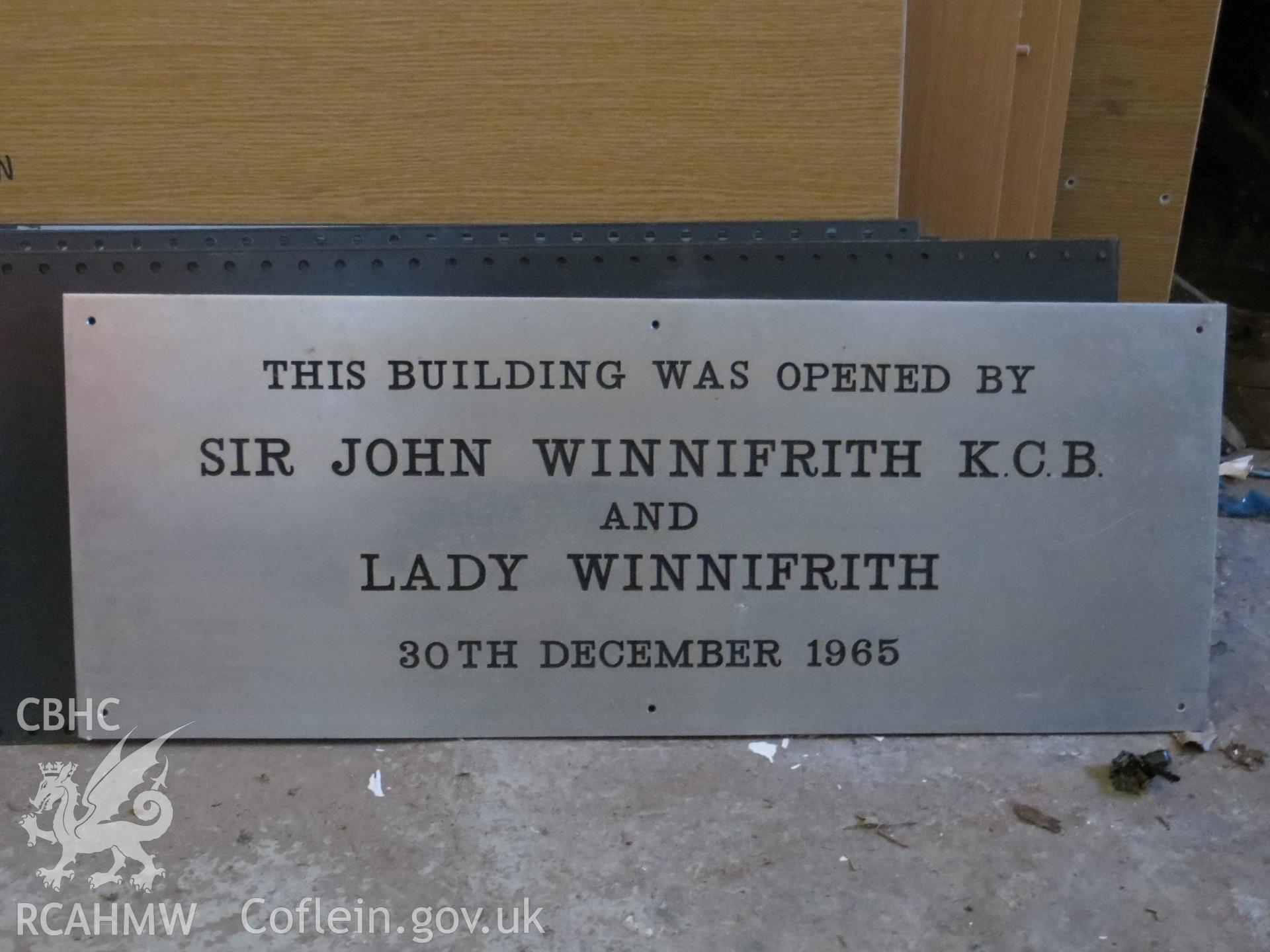 View of wall plaque after removal to the building basement.