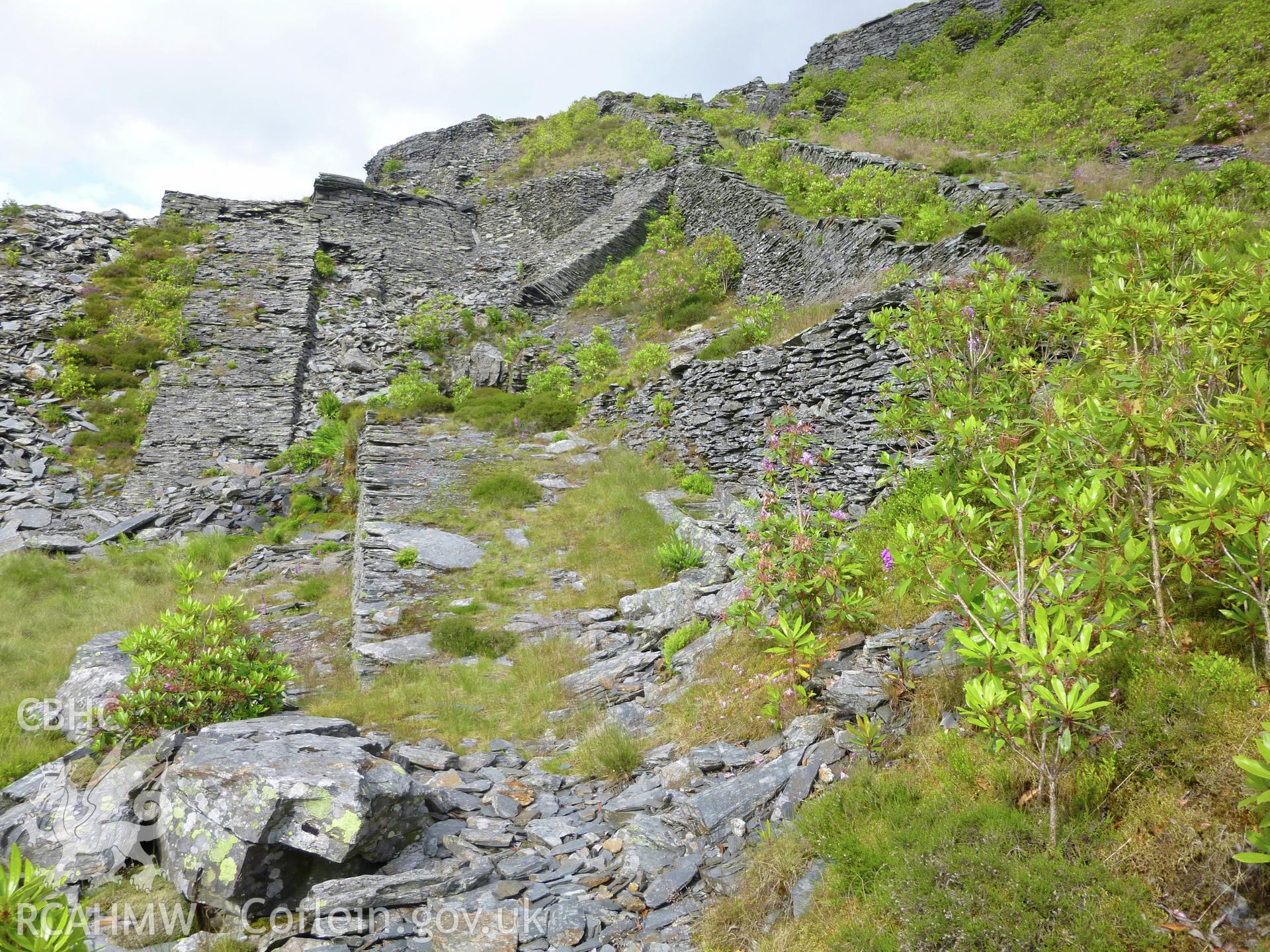 View looking north-east of the counter-balance incline (far left of photograph) operating between Floor 1 and Floor 0 of Diffwys Slate Quarry.