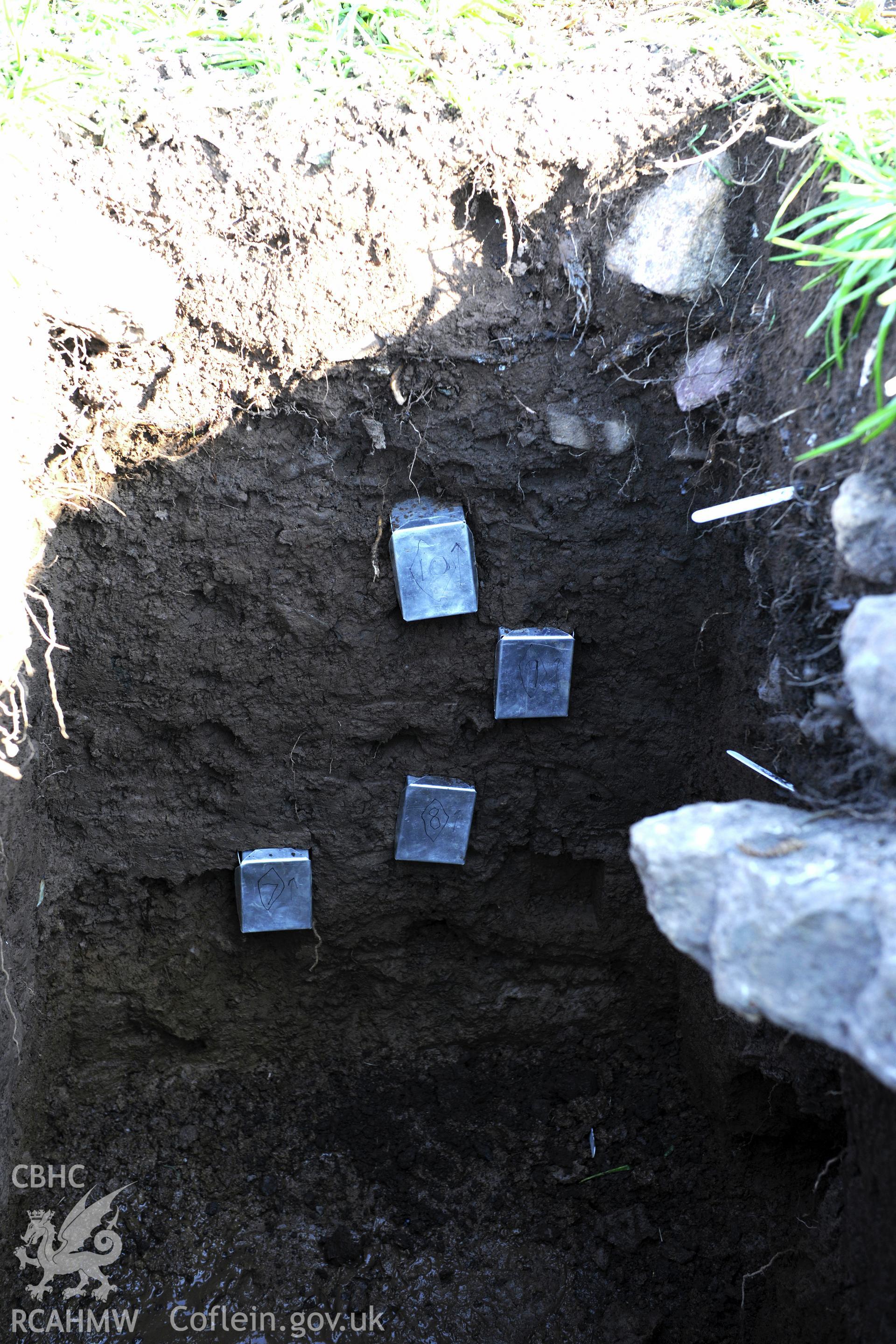 Skomer Island 2017. Kubiena sample tins in-situ in north end of trench, for the micromorphological analysis of soils by the University of Sheffield.