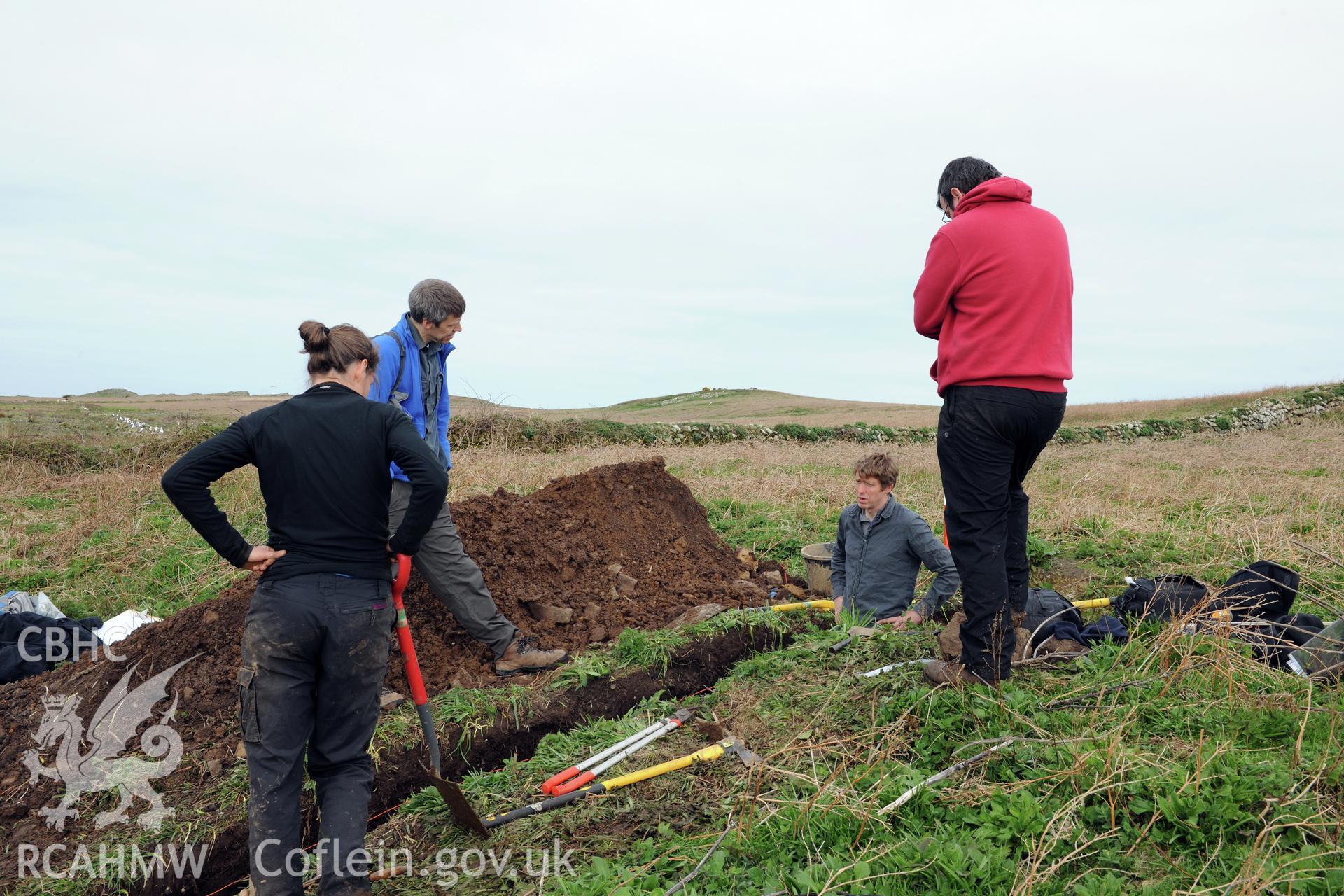 Skomer Island 2017. Skomer Island Project team and Professor Geoff Duller (Aberystwyth University) at trench edge.