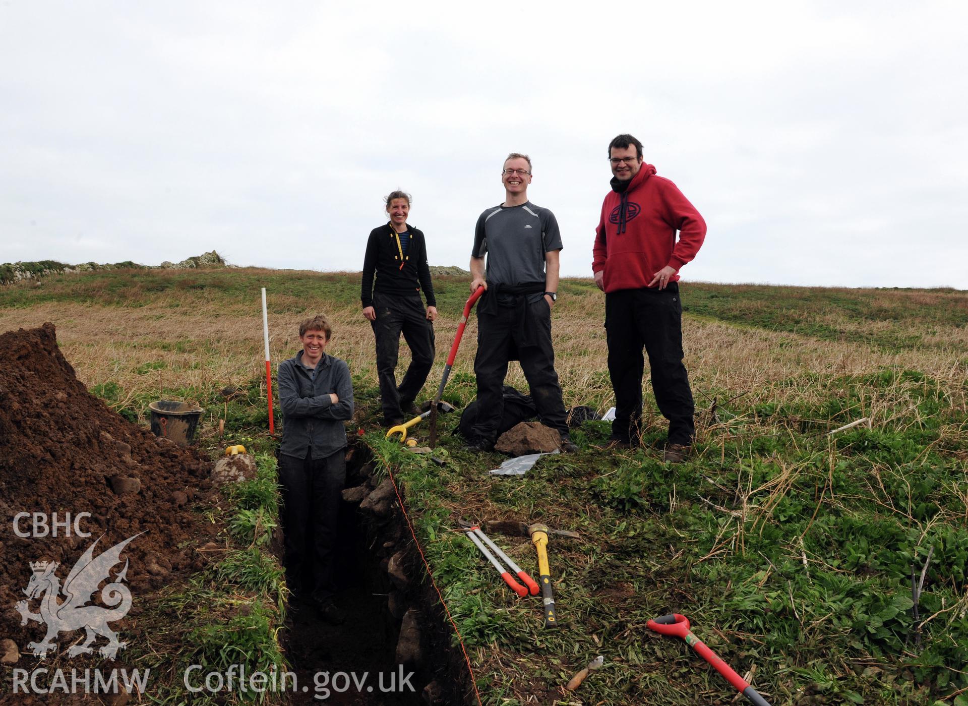 Skomer Island 2017. Skomer Island Project team (L-R), Dr Bob Johnston (Sheffield University), Louise Barker and Dr Toby Driver (RCAHMW), Dr Oliver Davis (Cardiff University).