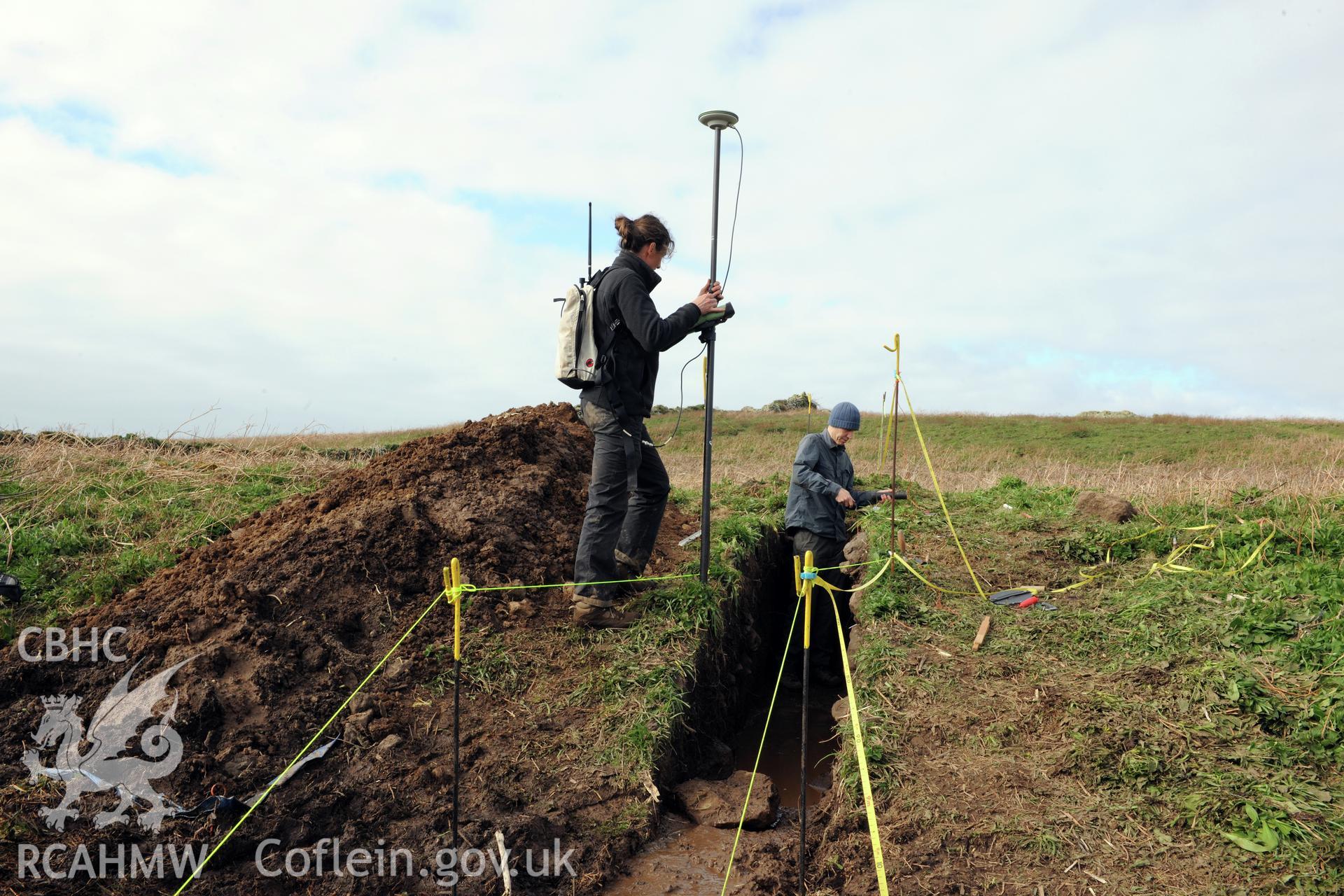 Skomer Island 2017. Surveying the trench edges with differential GPS.