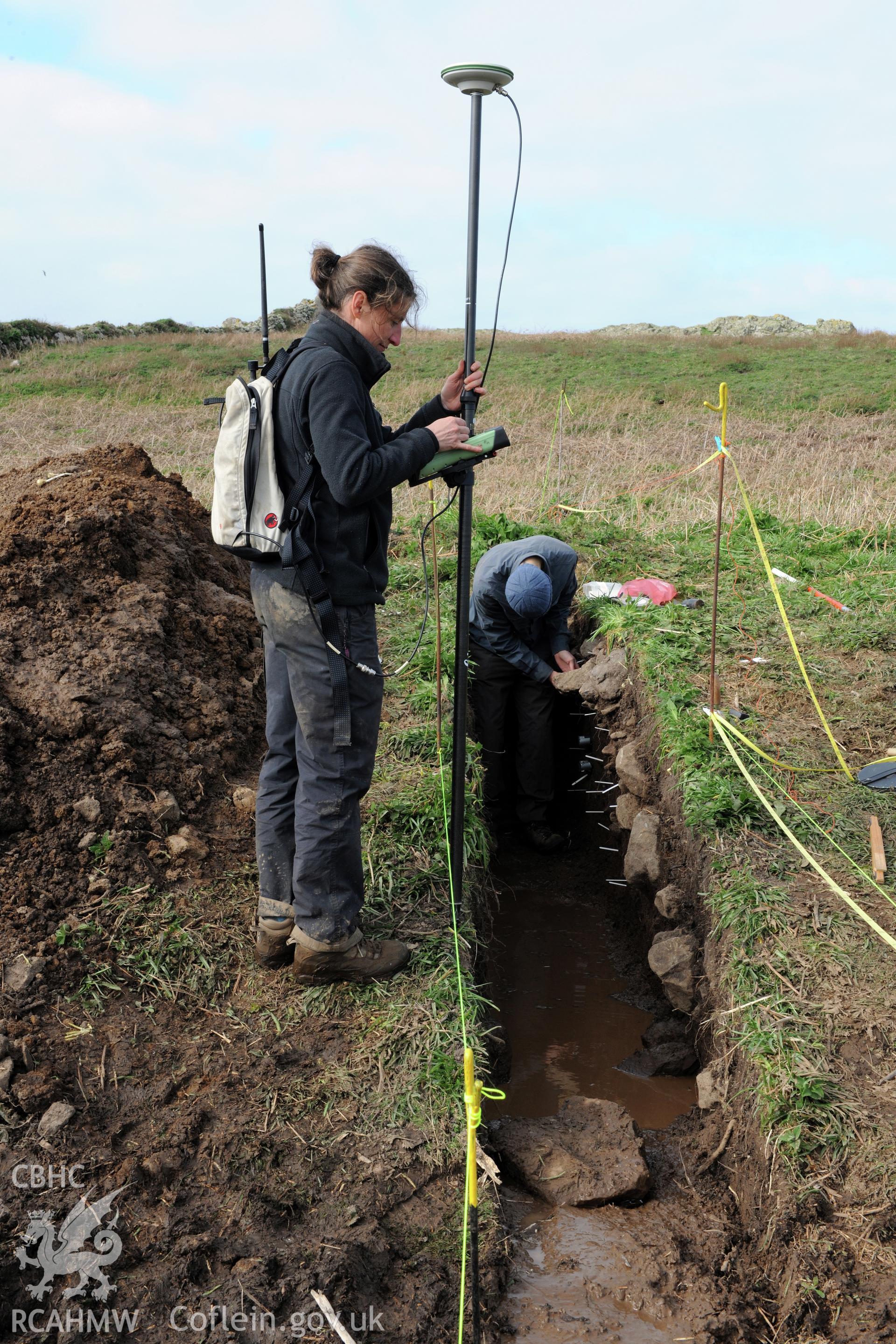 Skomer Island 2017. Surveying the trench edges with differential GPS.