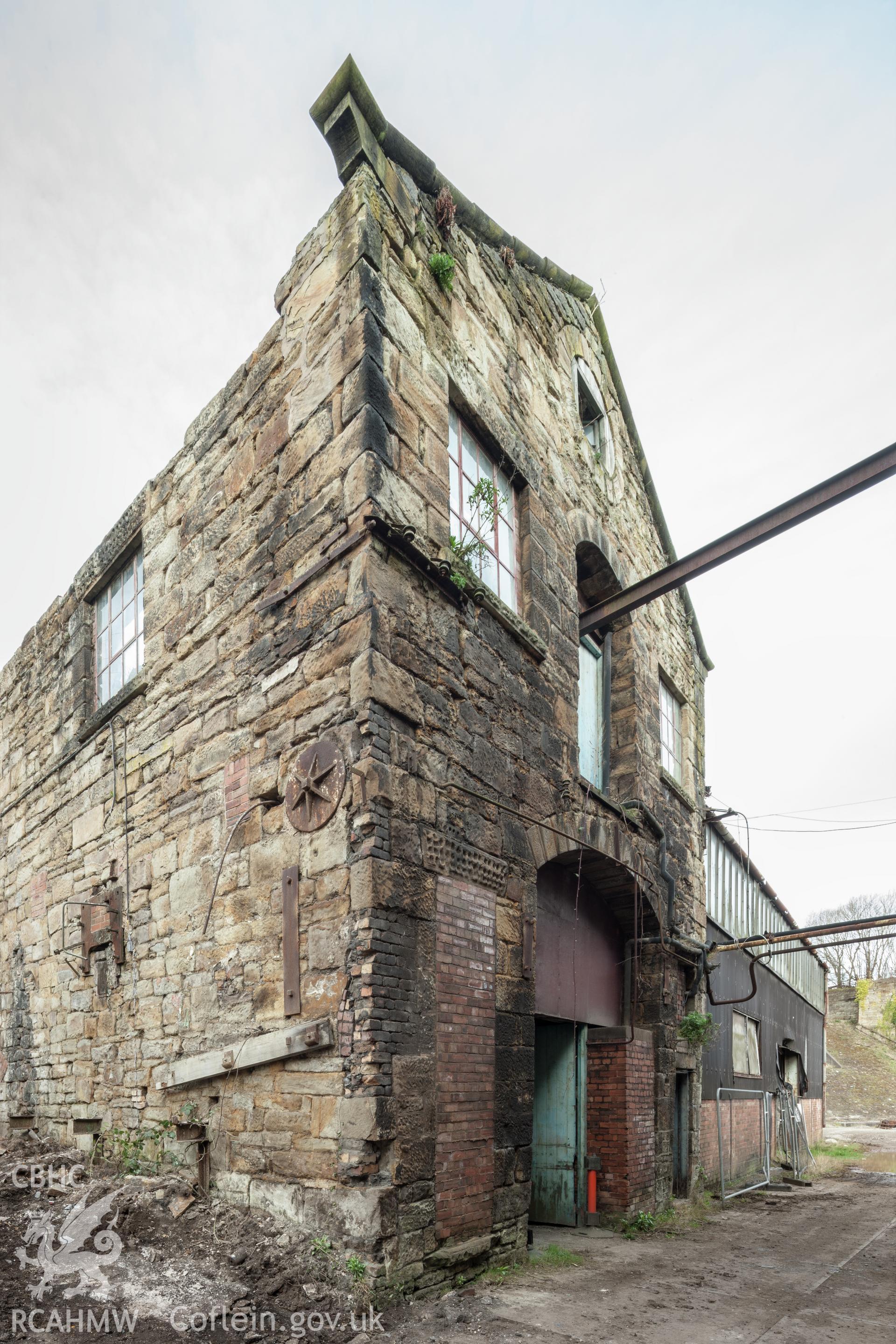 Oblique view of entrance (east facing) from the south southeast