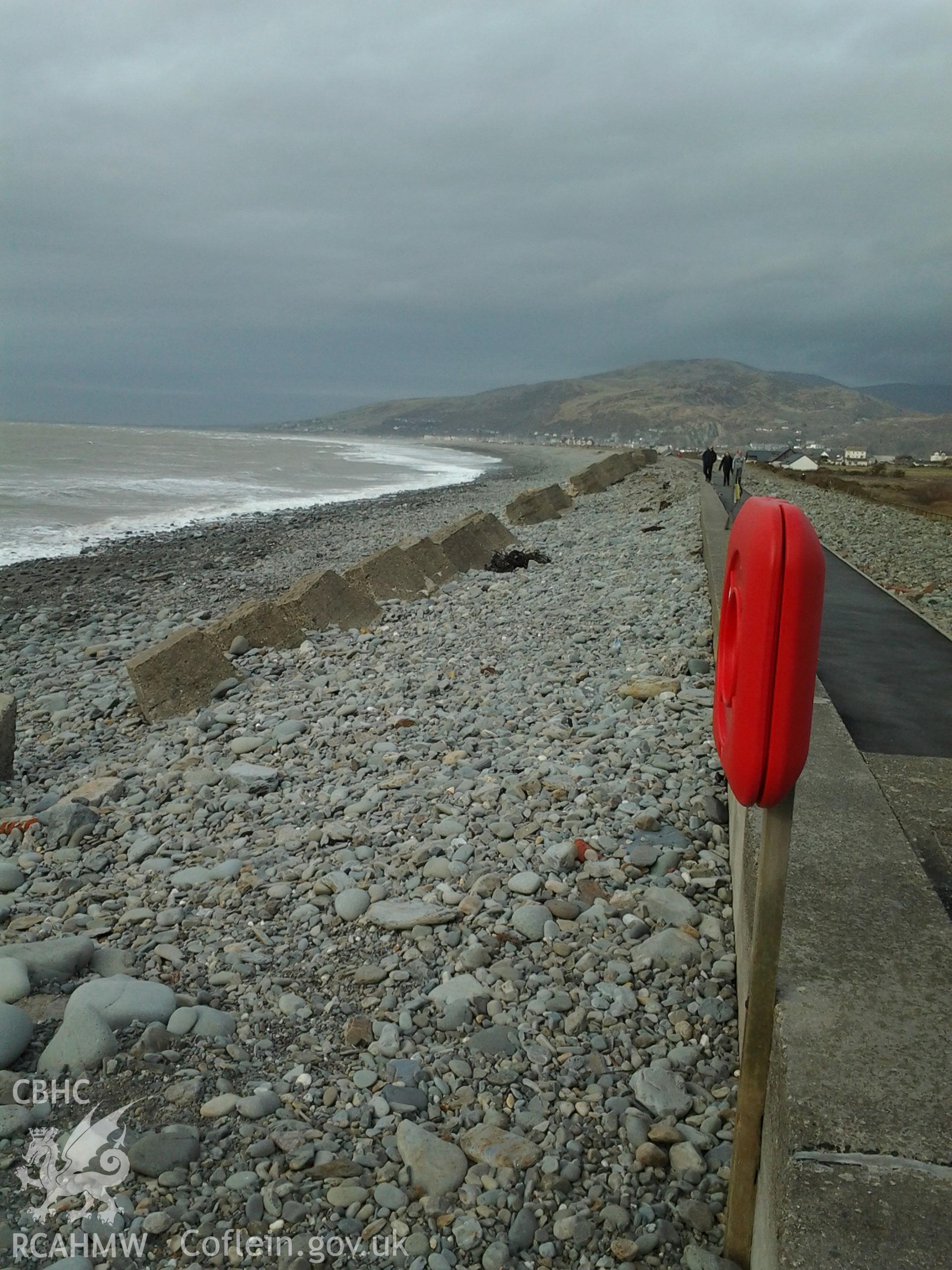 Looking northward along the line of anti-tank blocks showing slumping of the line as the shingle ridge has changed its profile.