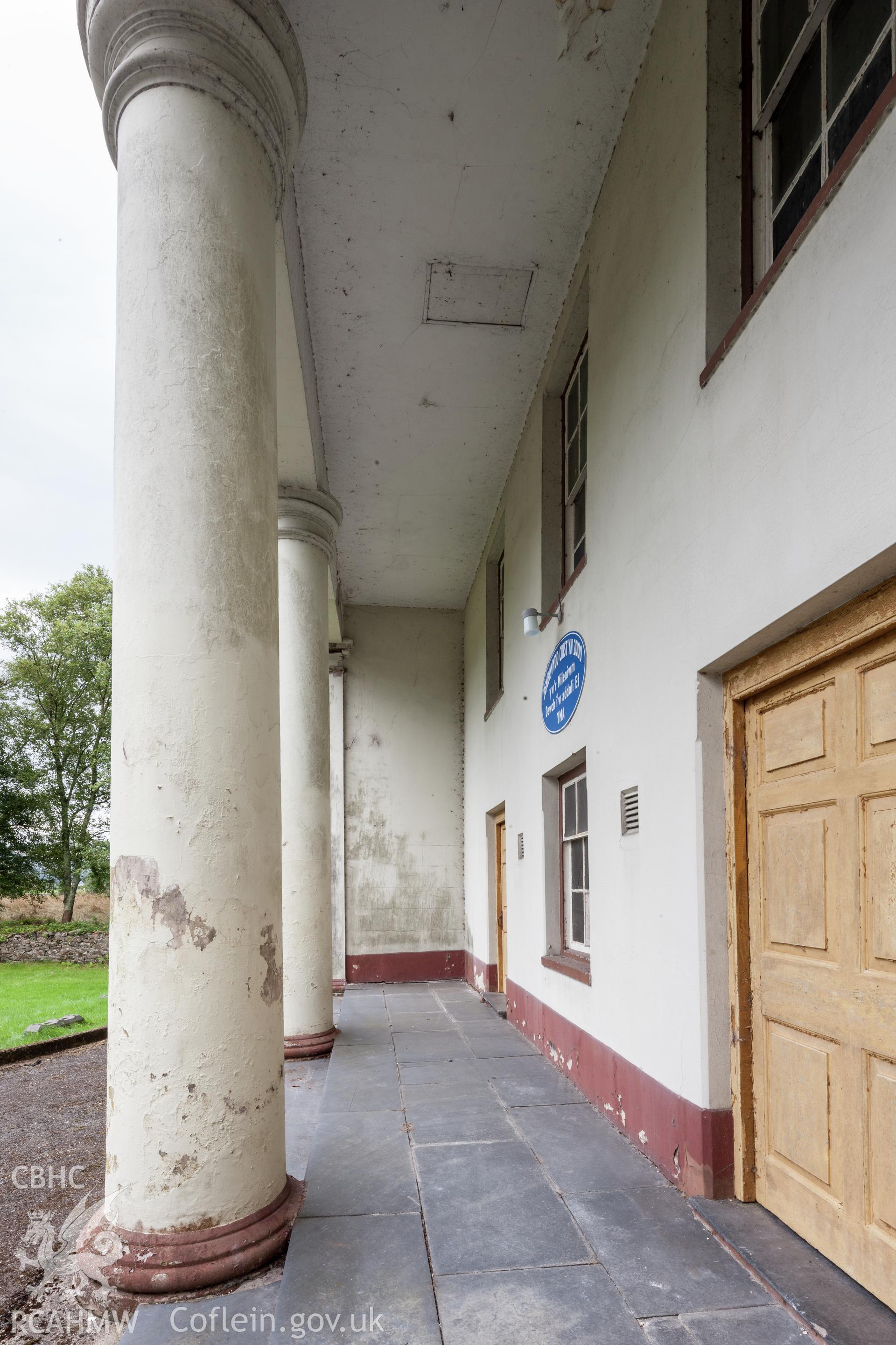 Oblique view of columned entry