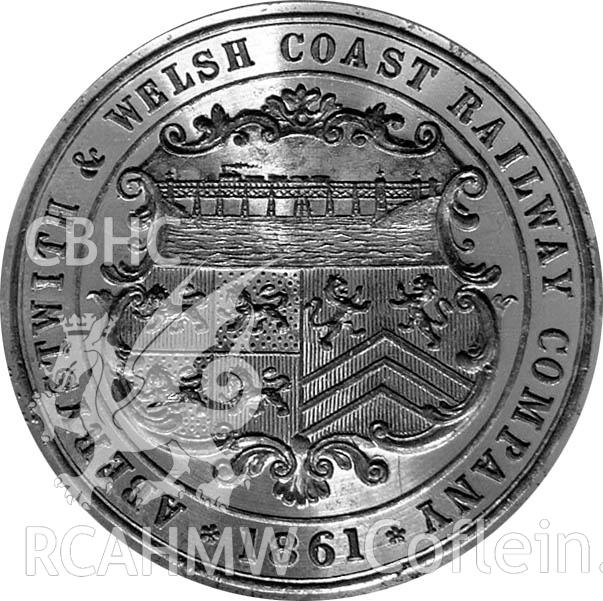 Seal of the Aberystwith and Welsh Coast Railway Company, 1861, showing the planned but unbuilt bridge over the River Dyfi.