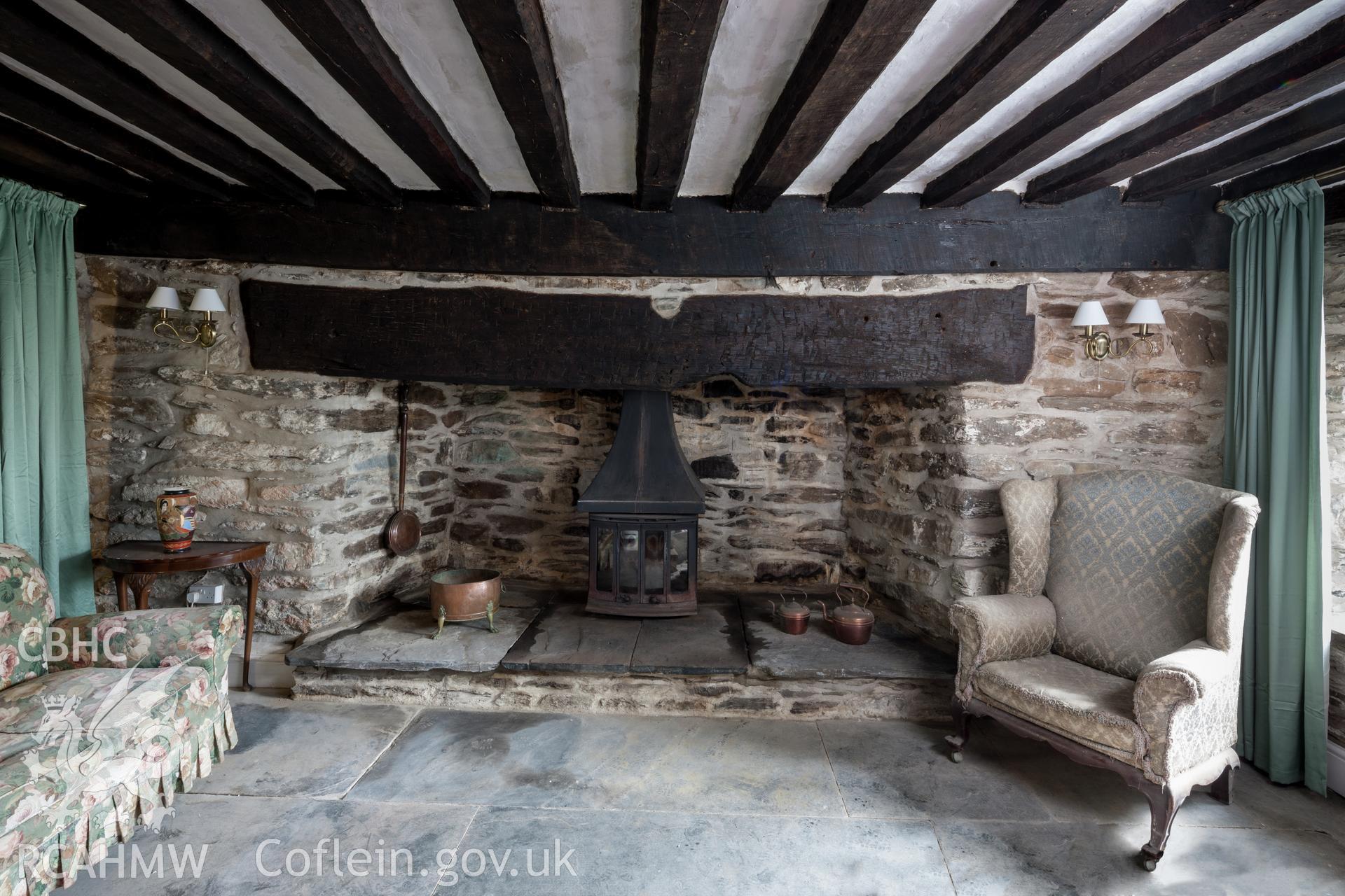 Main fireplace, and ceiling