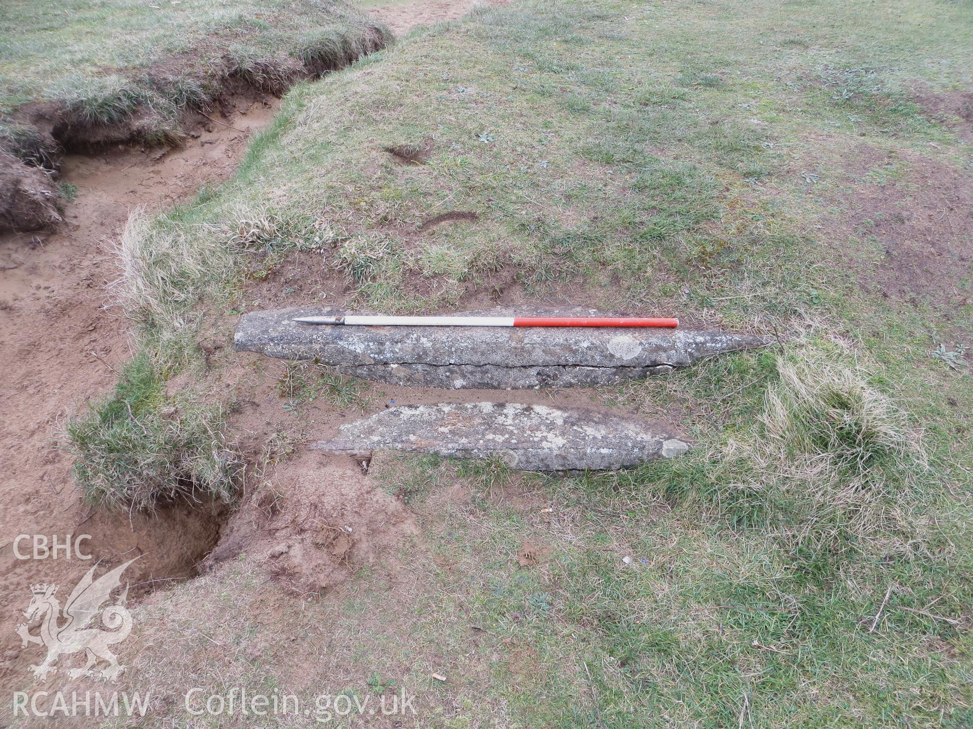 Partially buried concrete steps on west slope of mound; 1m scale.