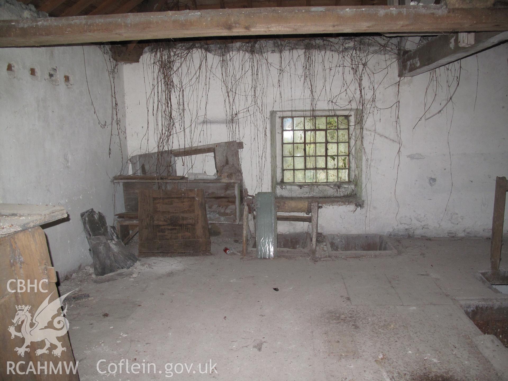 Grain chutes on top floor, Furnace Mill, Bodnant.