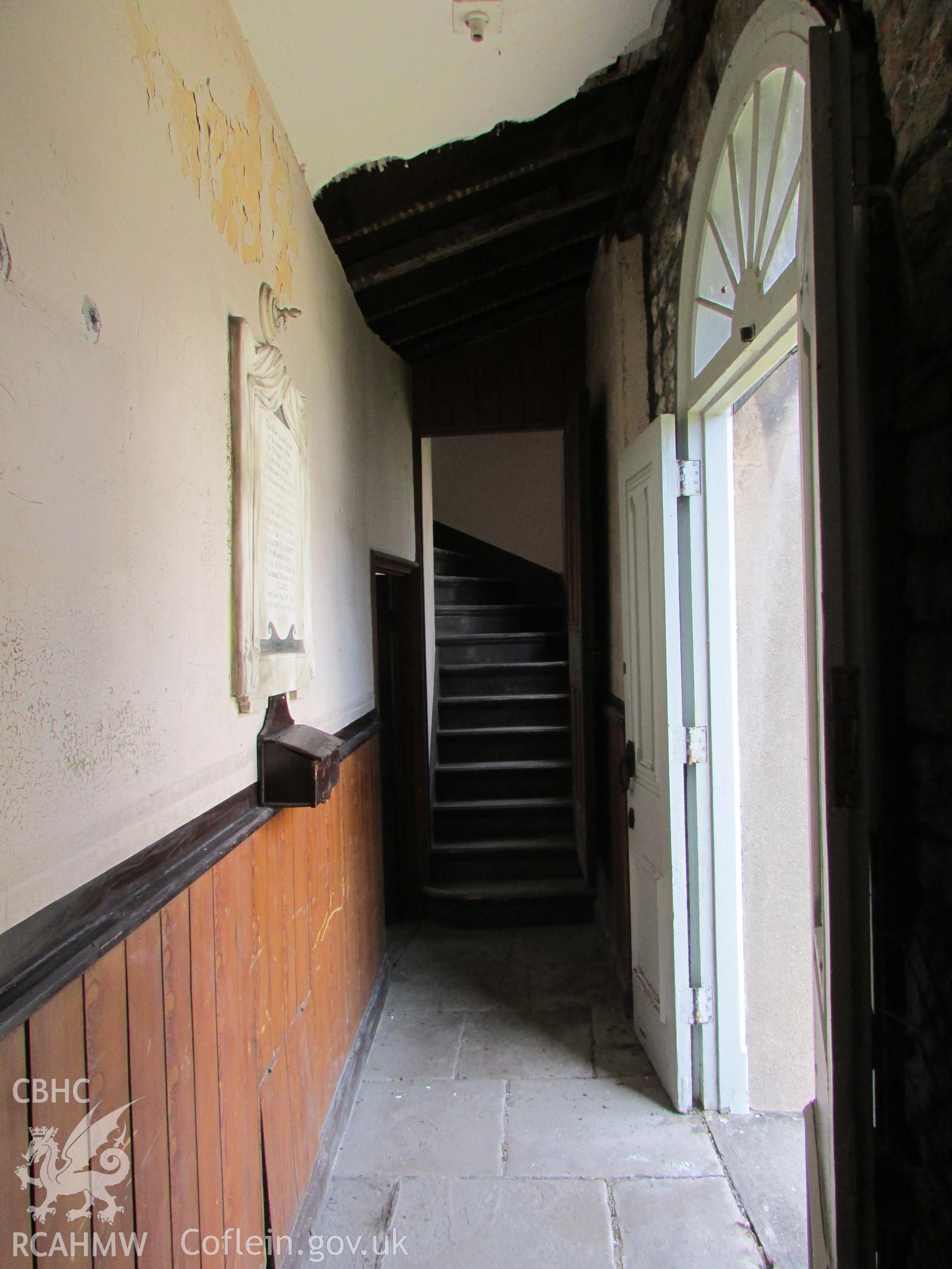 Porch interior of Hen Dy Cwrdd Chapel, looking towards east stair from west stair.