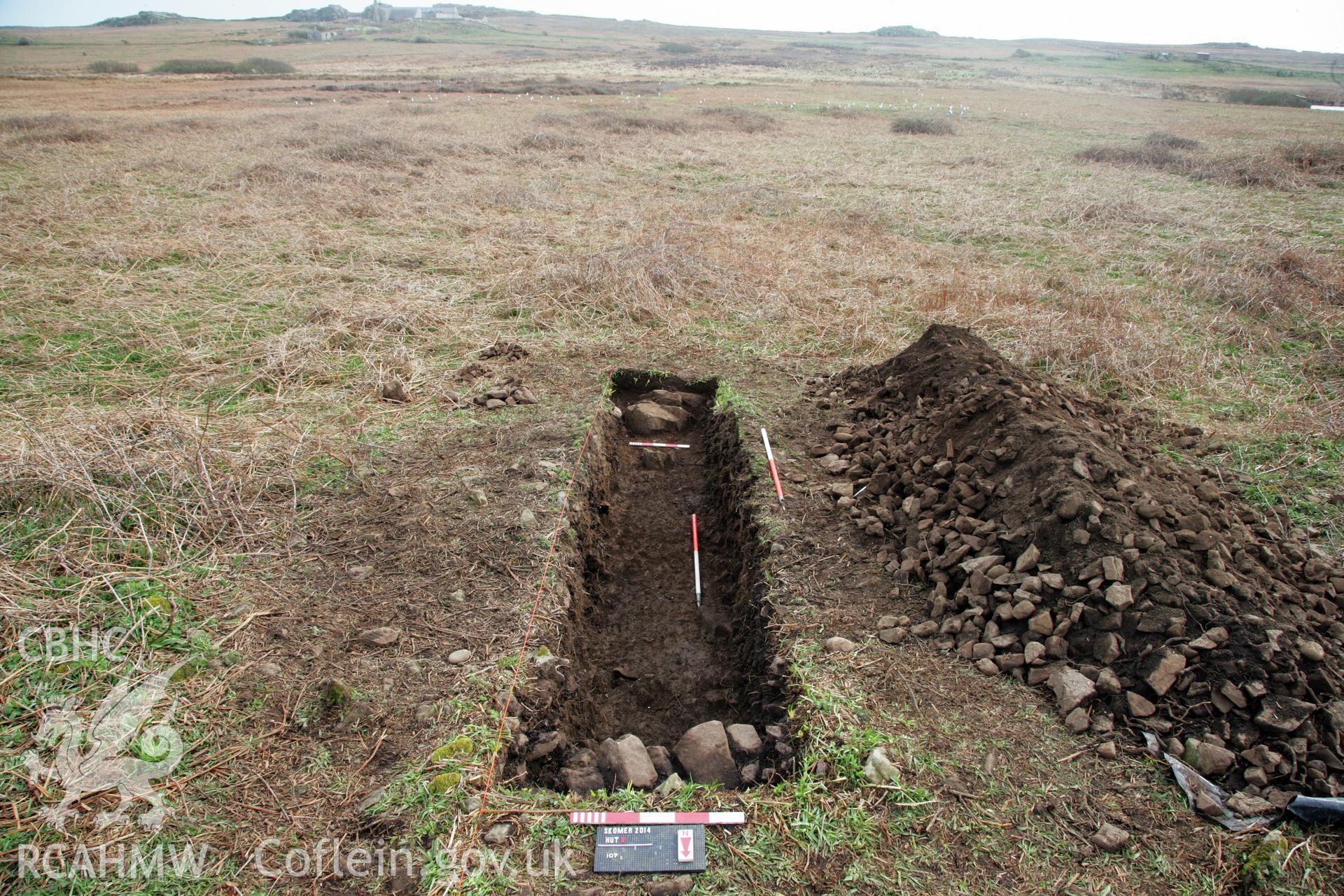 Skomer Island excavation of a burnt stone mound, Hut Group 8. Post excavation view of the trench from the north