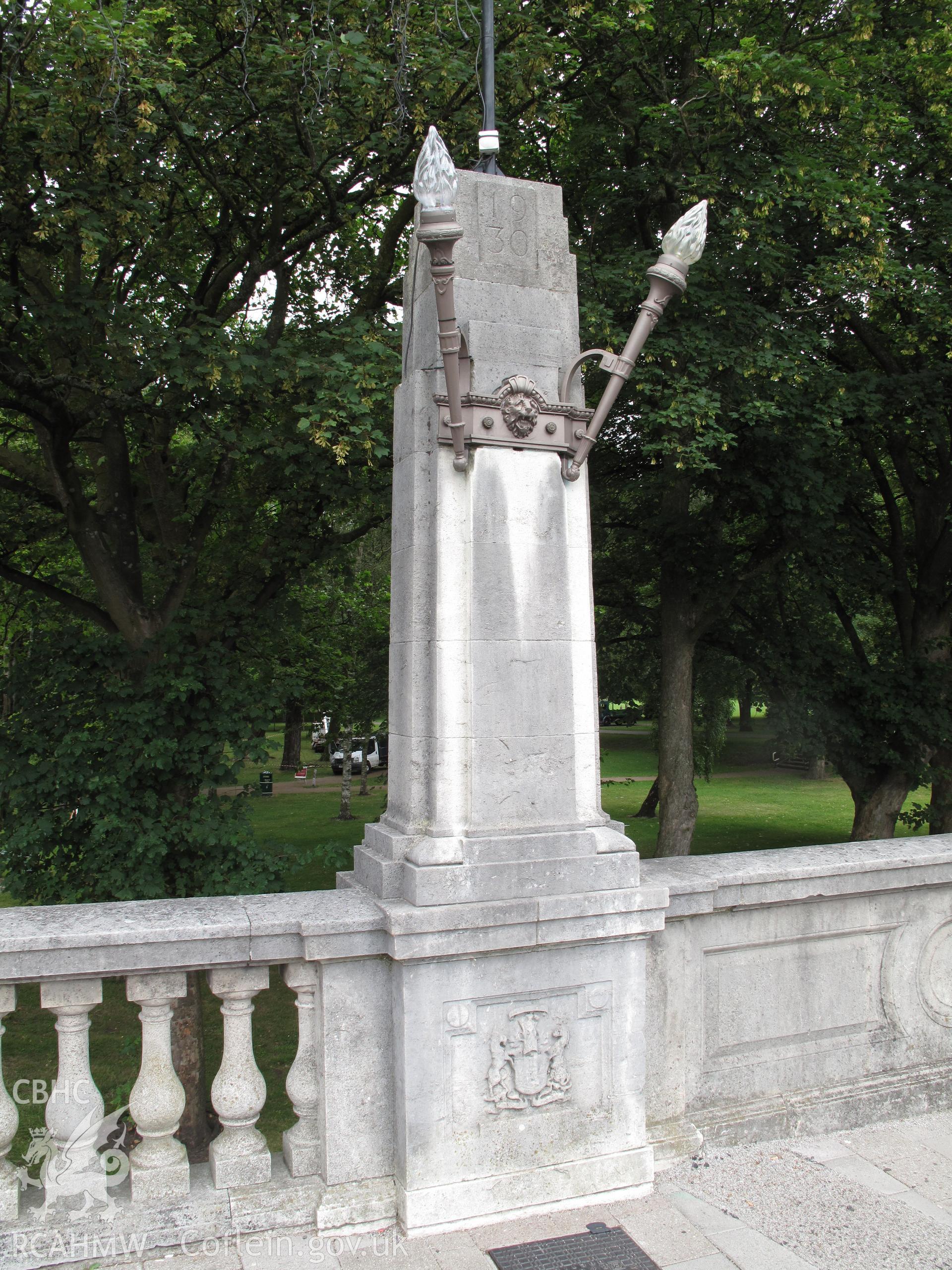 Detail of stone lamp pillar on north side of Cardiff Bridge.