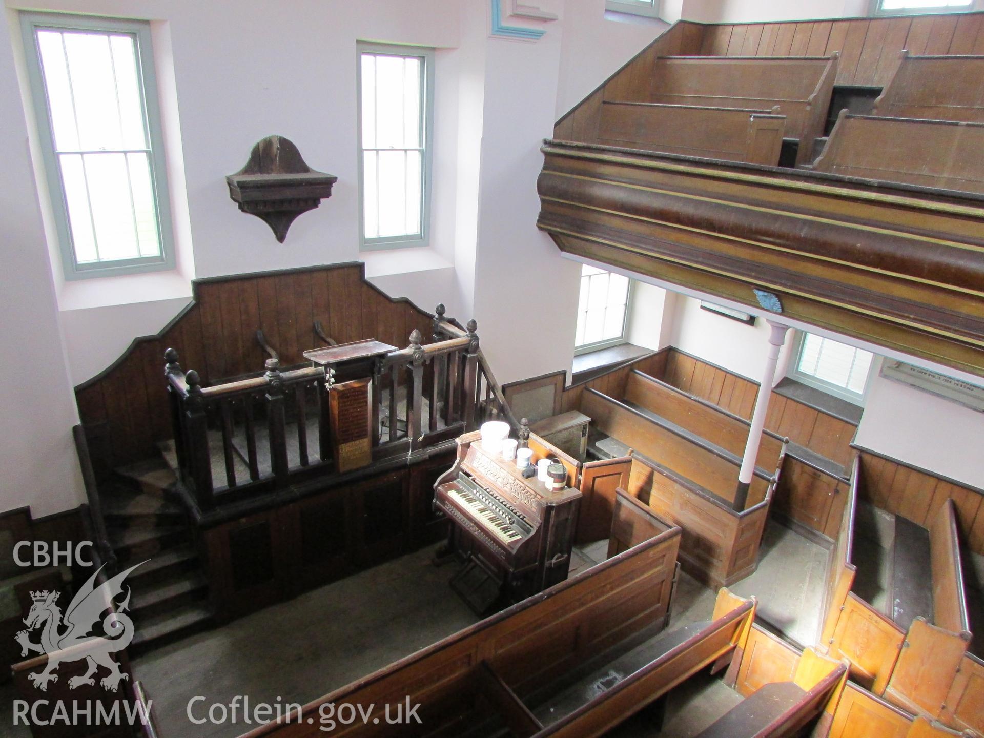 Interior view of Hen Dy Cwrdd Chapel, looking from gallery towards pulpit.