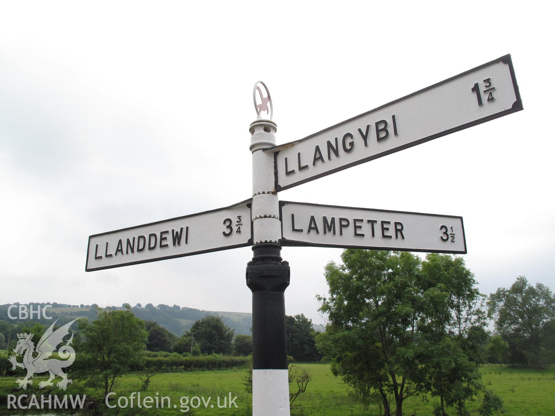 Detail of signpost by the bridge at Llanfair Clydogau.