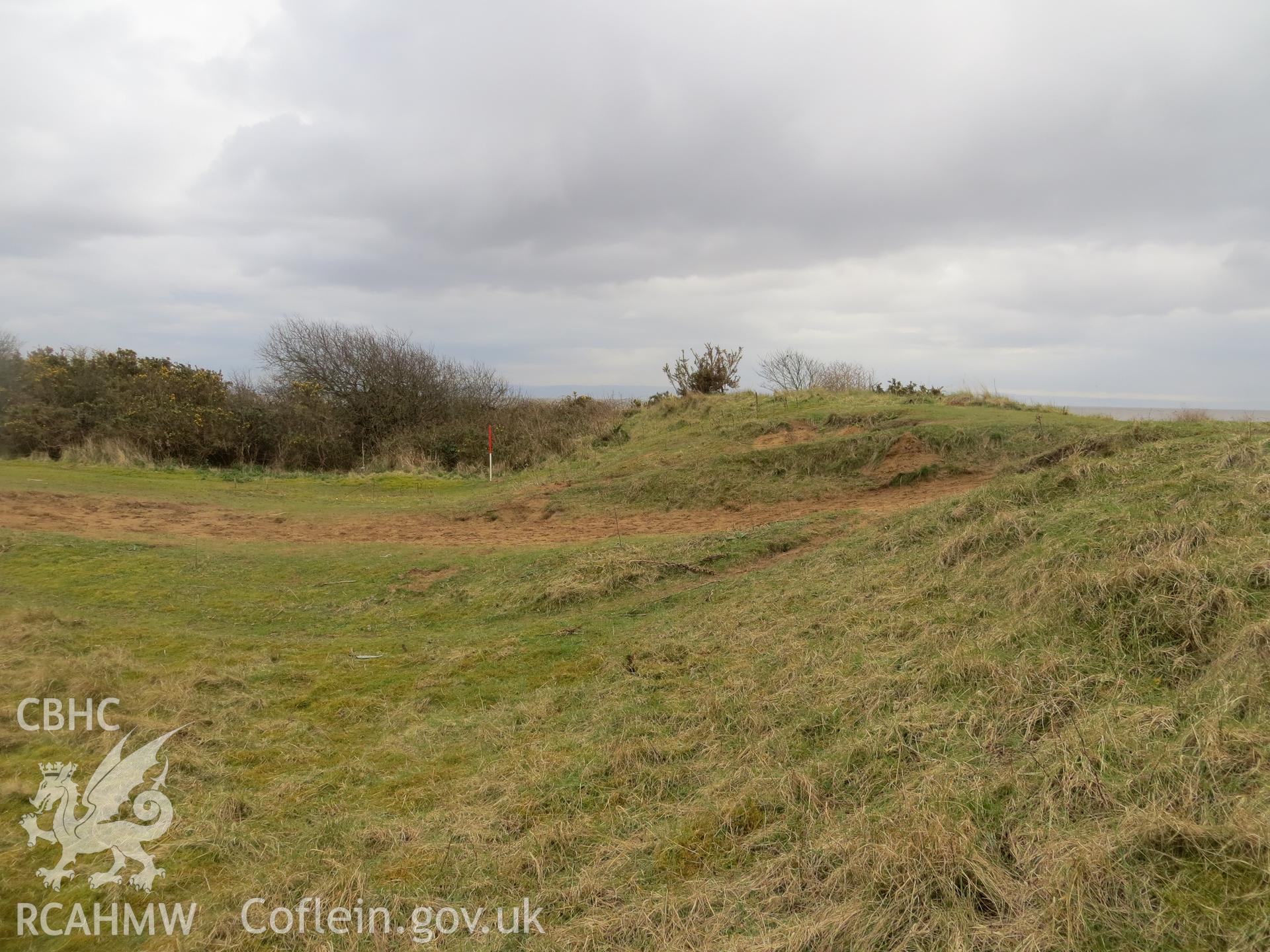 View of mound from the north end; 1m scale on east side.