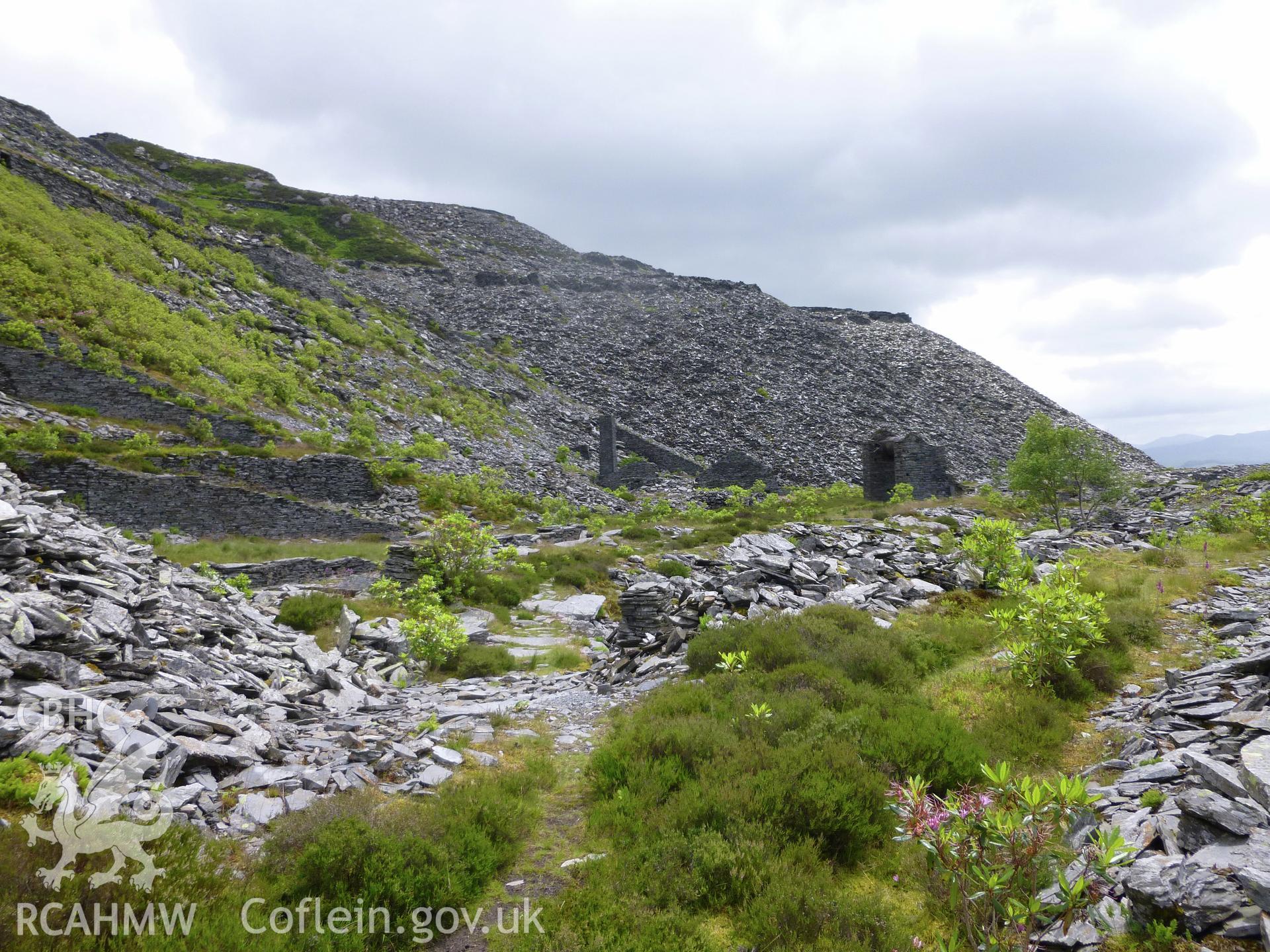 Diffwys Slate Quarry.  Looking south across Floor 0 to tips of slate rubble.