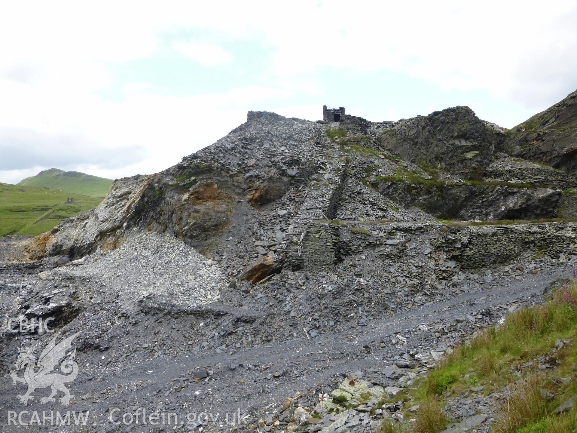 View looking east to the  'R' incline plane and drum house at Diffwys Slate Quarry.