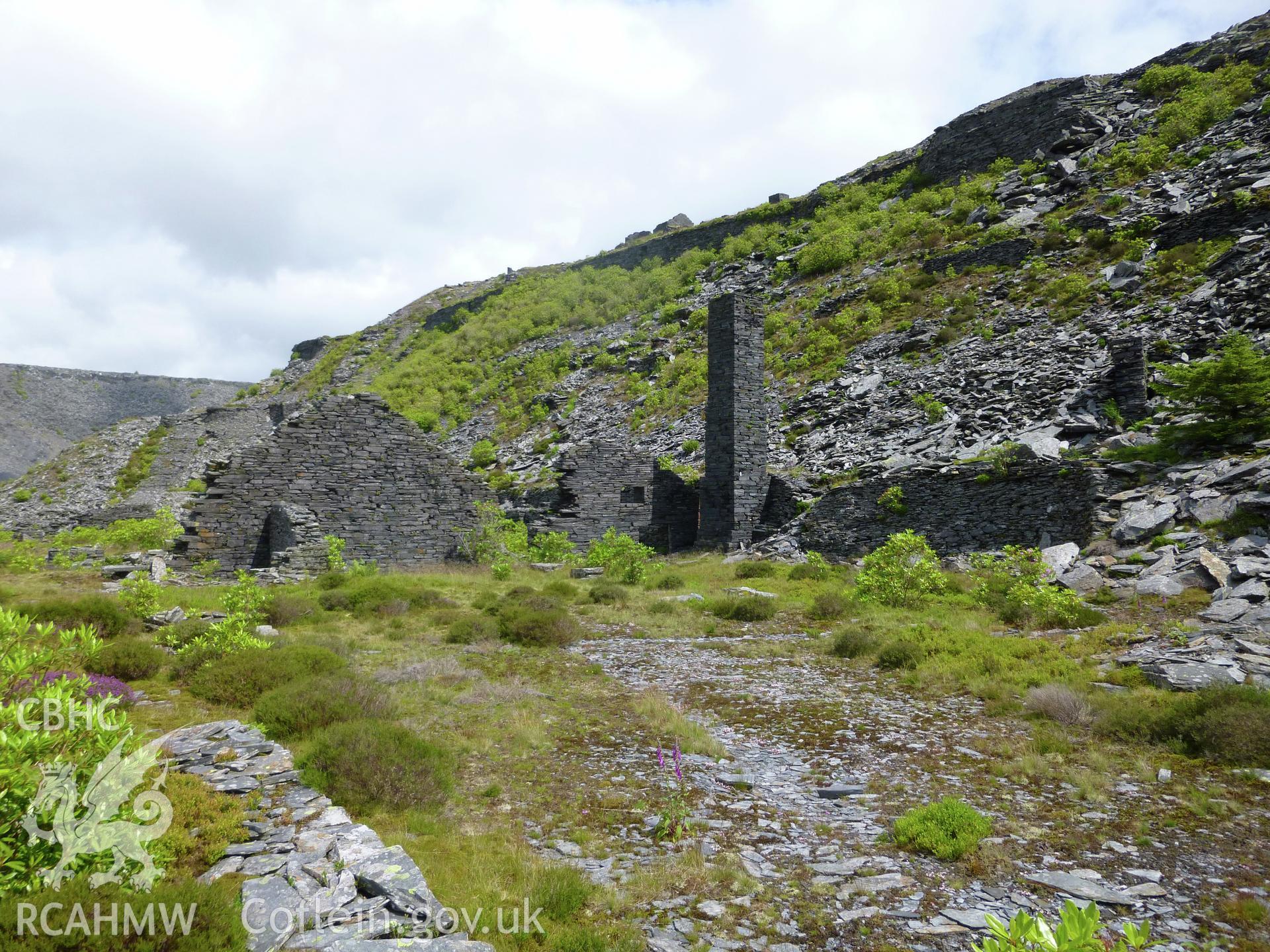 Slate Mill, Floor 0, Diffwys Slate Quarry. View looking north at mill engine house and chimney.