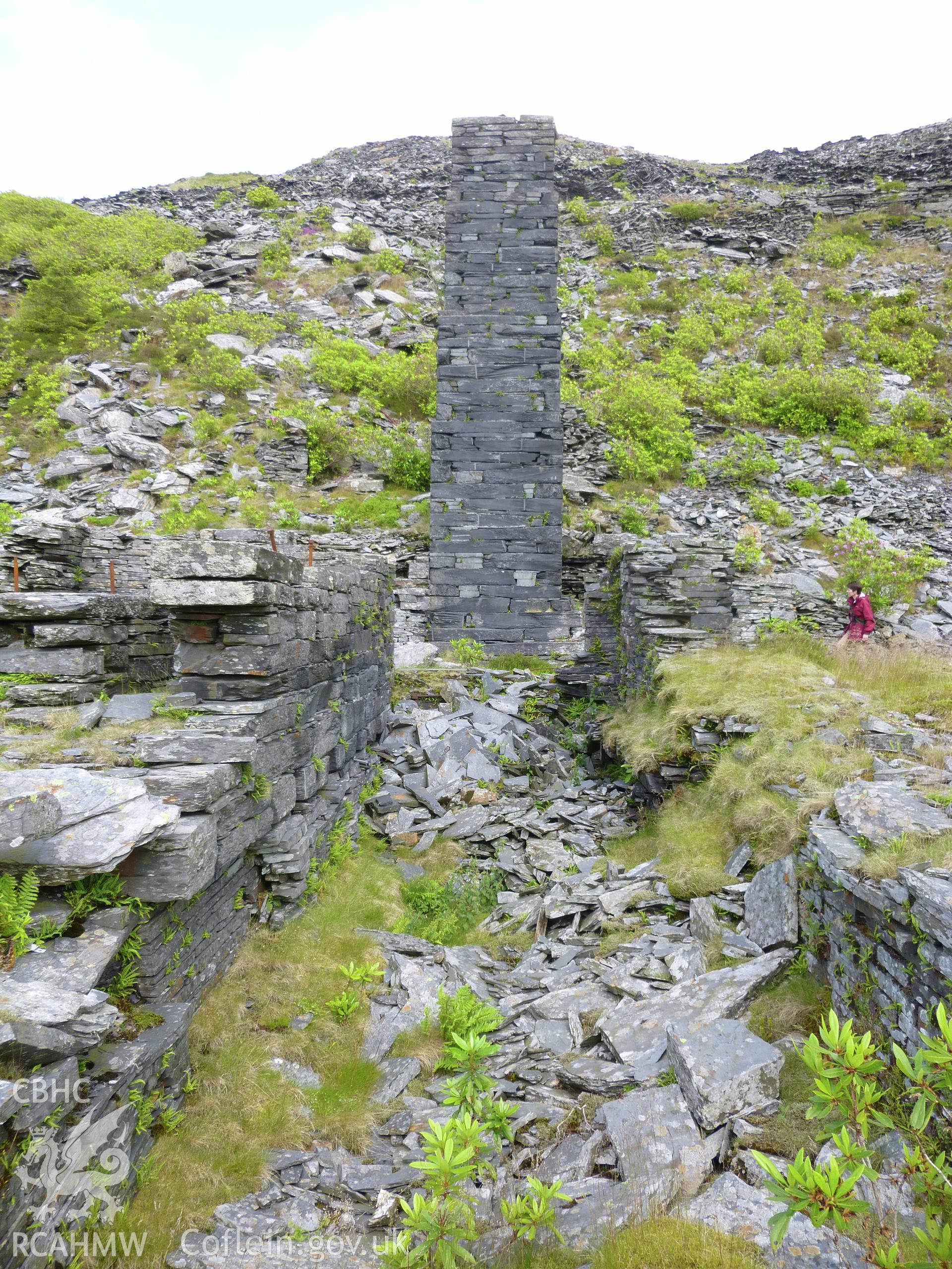 Alabama Slate Mill, Floor 2, Diffwys Quarry. Chimney and pit for boiler with base for steam engine adjacent.