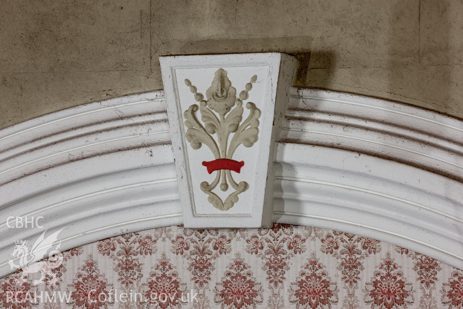 Detail of decoration on keystone over sedd fawr