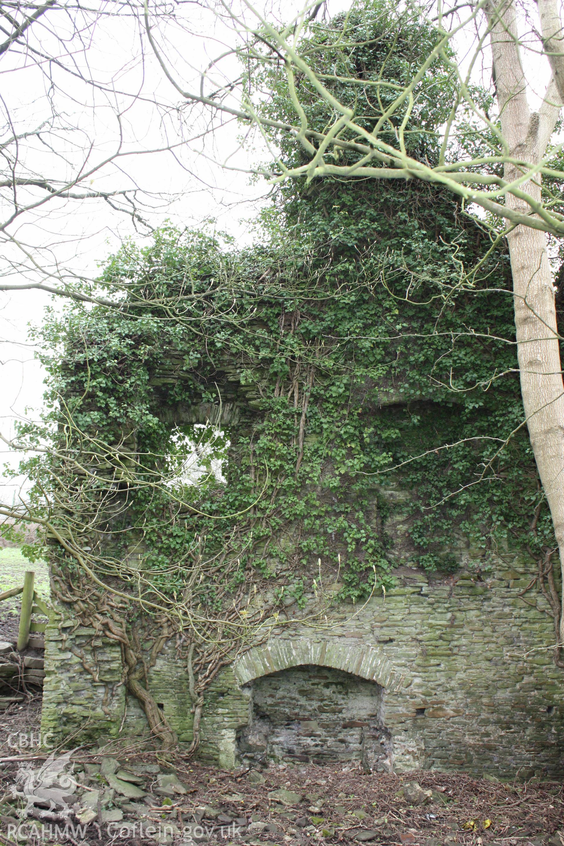 Plas y Bettws, Bridgend. Fireplace of west gable end of manor house.