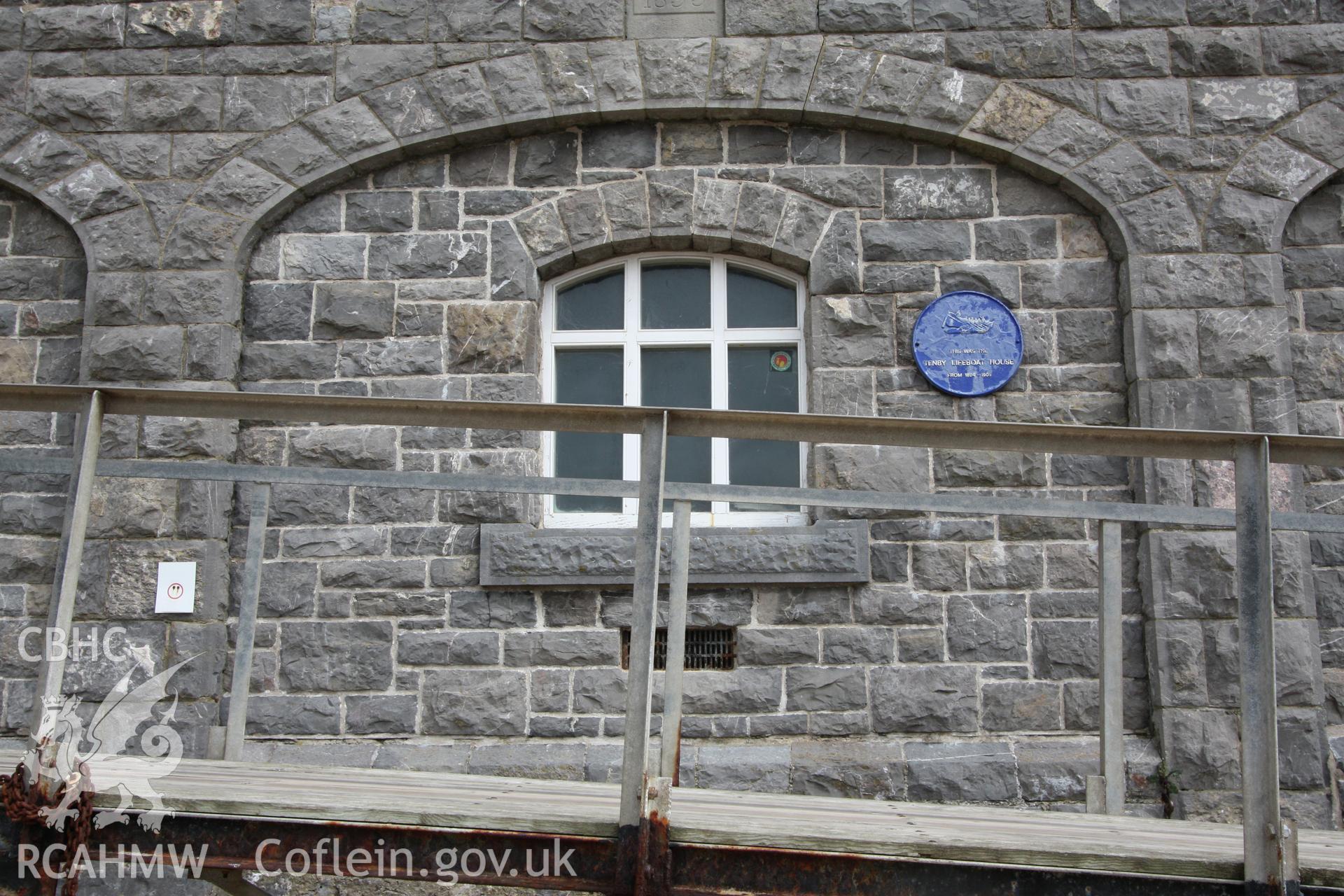 Castle Sands lifeboat station, detail of middle bay with date plaque