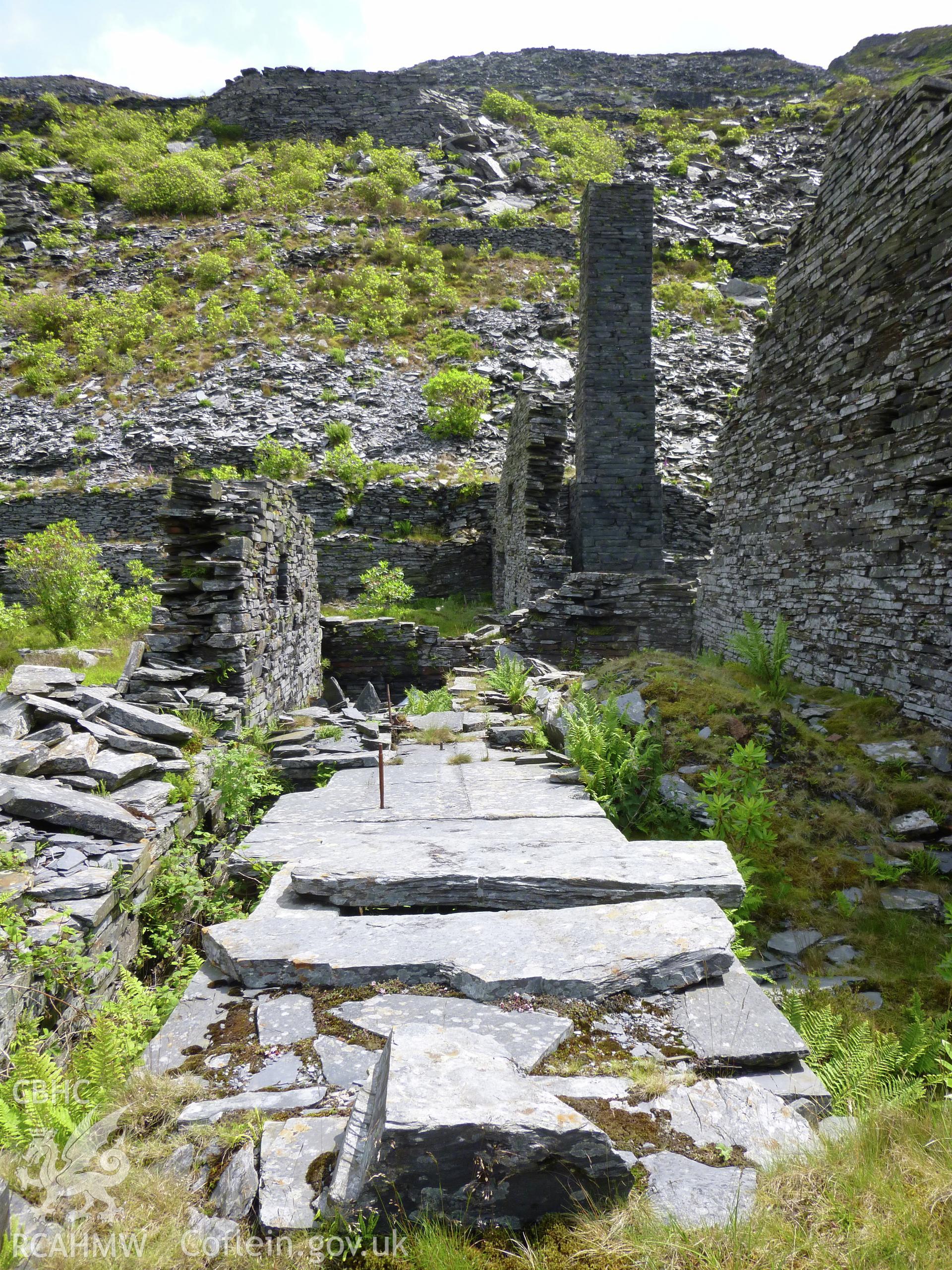 Slate Mill, Floor 0, Diffwys Slate Quarry. View looking east along base for steam engine.