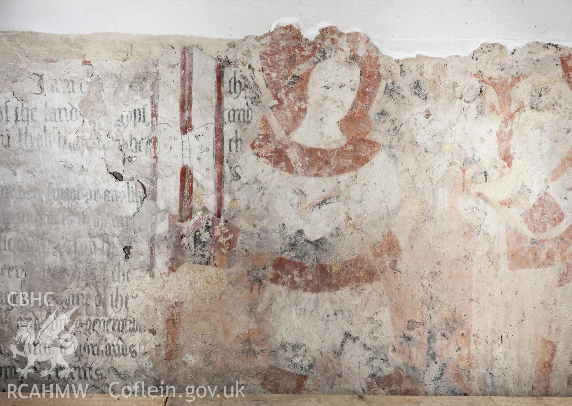 Wall painting detail on south wall of nave, during repair work, under scaffolding